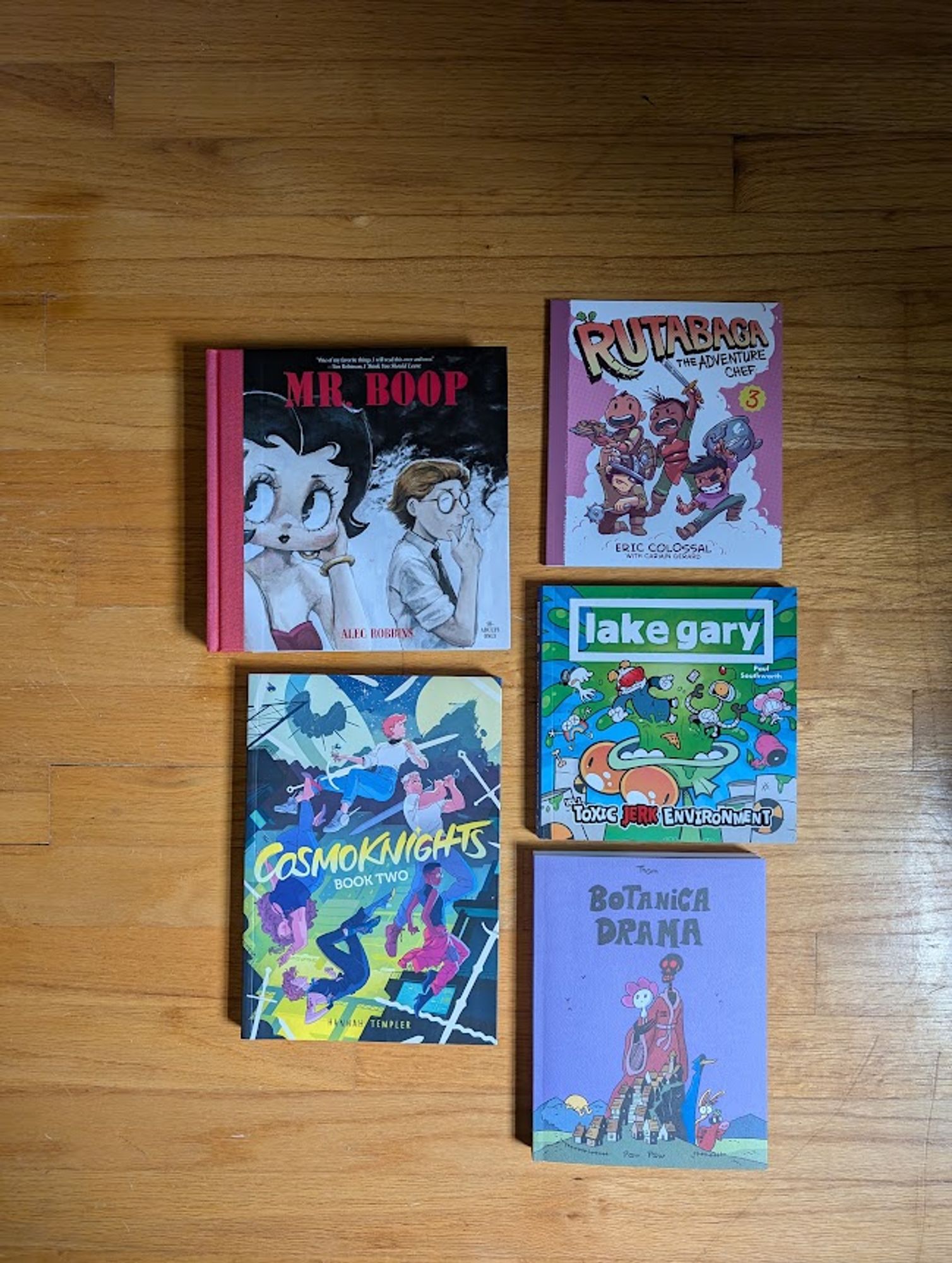 some comic books. Clockwise from top left: Mr. Boop. Rutabaga Vol. 3, Lake Gary, Botanica Drama, Cosmoknights Vol. 2