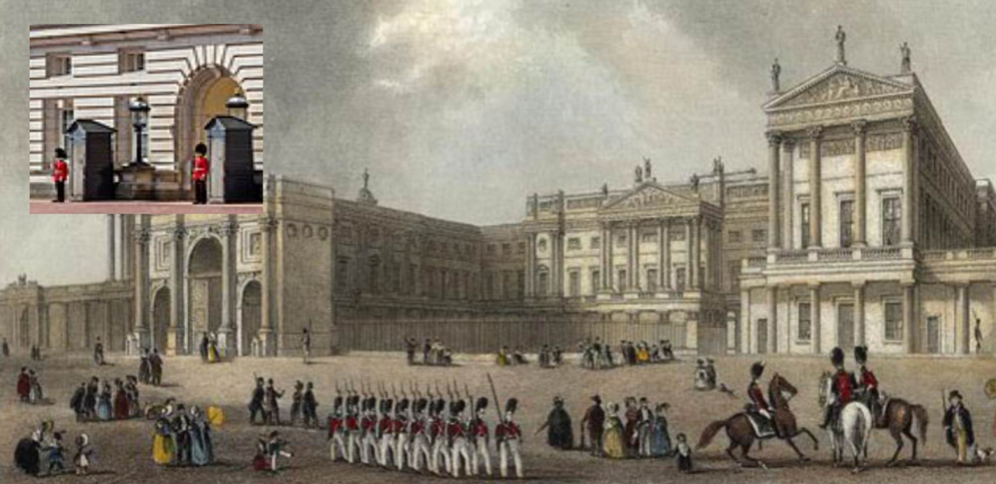 Hauptmalerei
Buckingham Palace
um 1837
Manches ist noch anders
Gemeinfrei
Berittene vor dem Palast London


Hütten für BERITTENE
Buckingham Palac
2014
Bild Diliff CC3.0
Tourismus Objekte einiger Art gibt es dazu