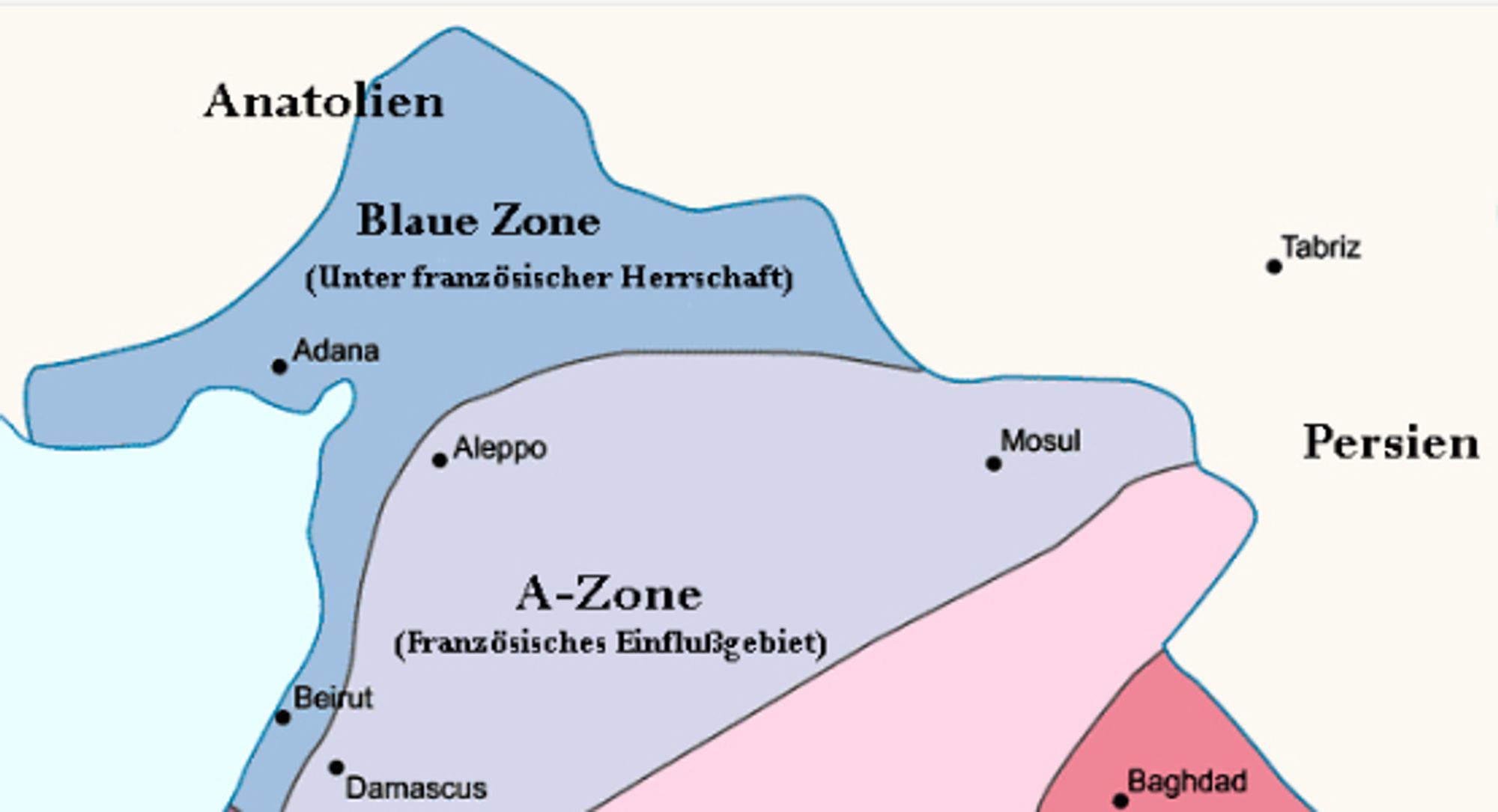 Syrien war unter anderem 1920 - 1946 unter französischer Verwaltung

Grafik Wikip. 
Sykes-Picot Agreement 1916
Upload 2011