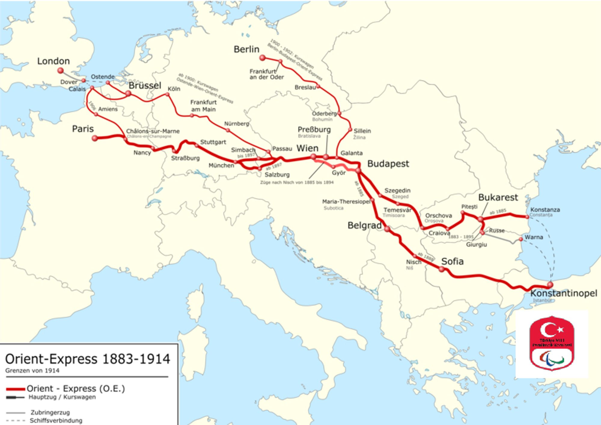 Was du auch nicht ahnst
Deutsches Geld floss einst in den Bau der Eisenbahn in der Türkei
von einer großen bekannten Bank

Aber wir haben hier Sportthemen und für Berlin und Paris ist das sehr relevant

Türkei : Paris Orient Express
1914 war man soweit
also vor der Reichsbahn von Deutschland

Karte Wikipedia
Work: Alphathon CC4.0