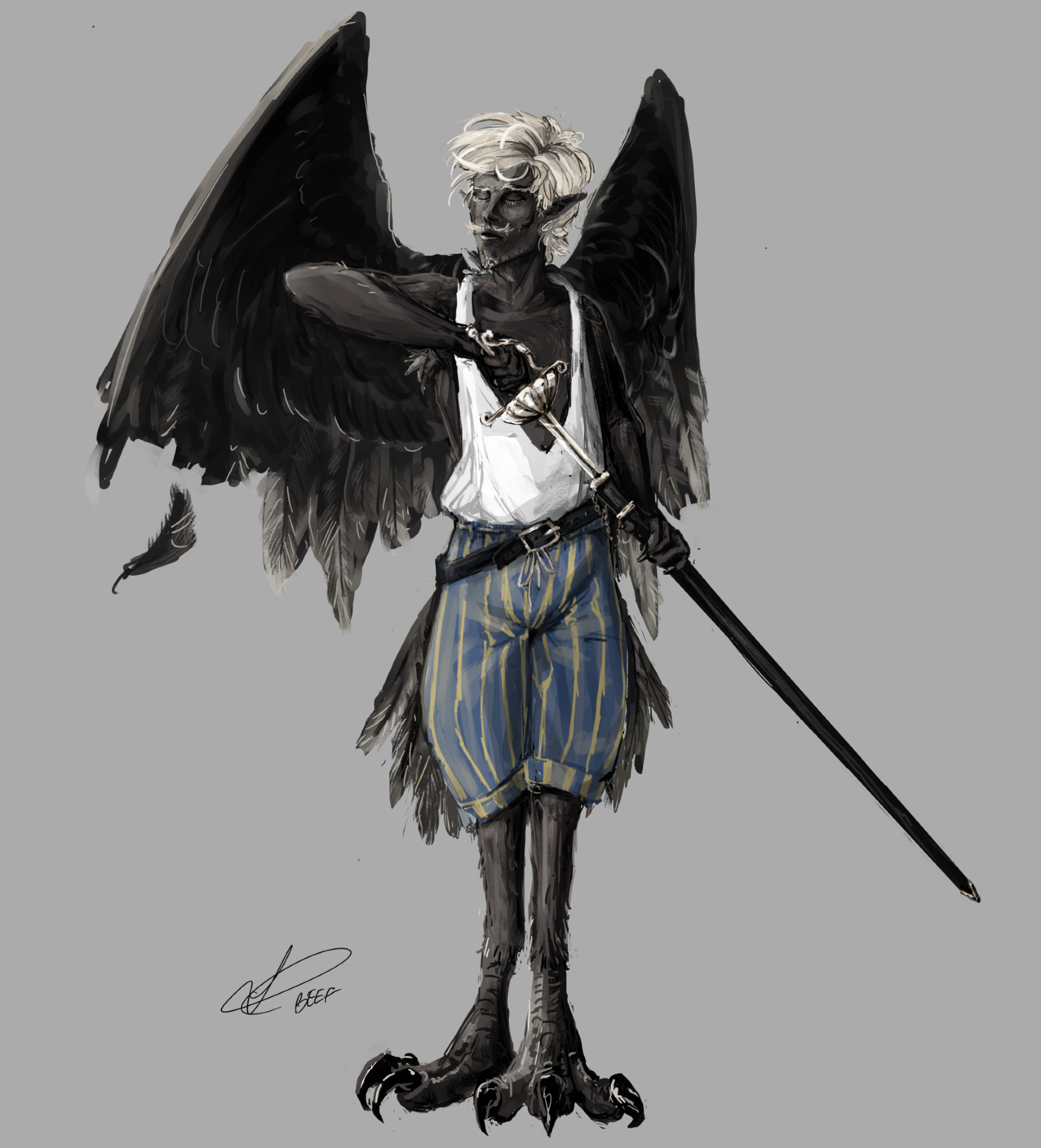 a white-haired man with clipped bird wings draws a sword