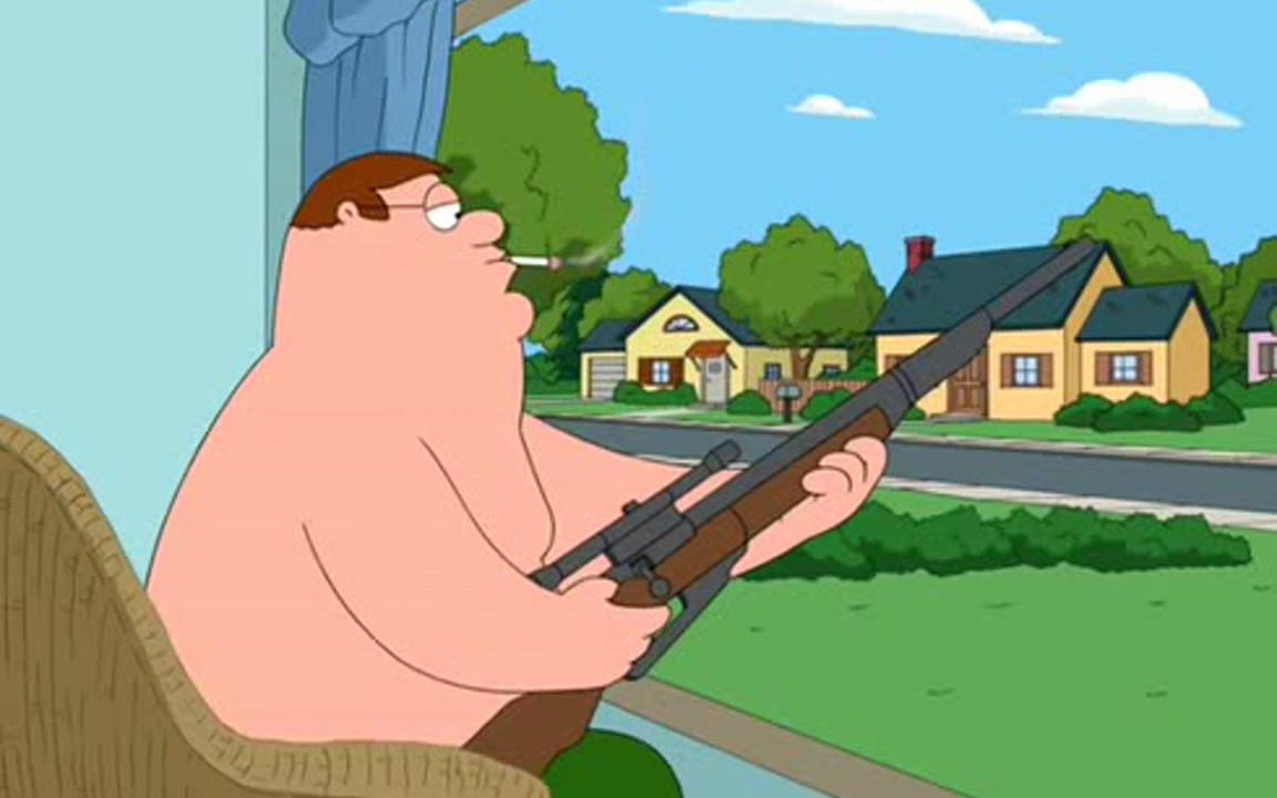 Peter Griffin holding a sniper rifle.