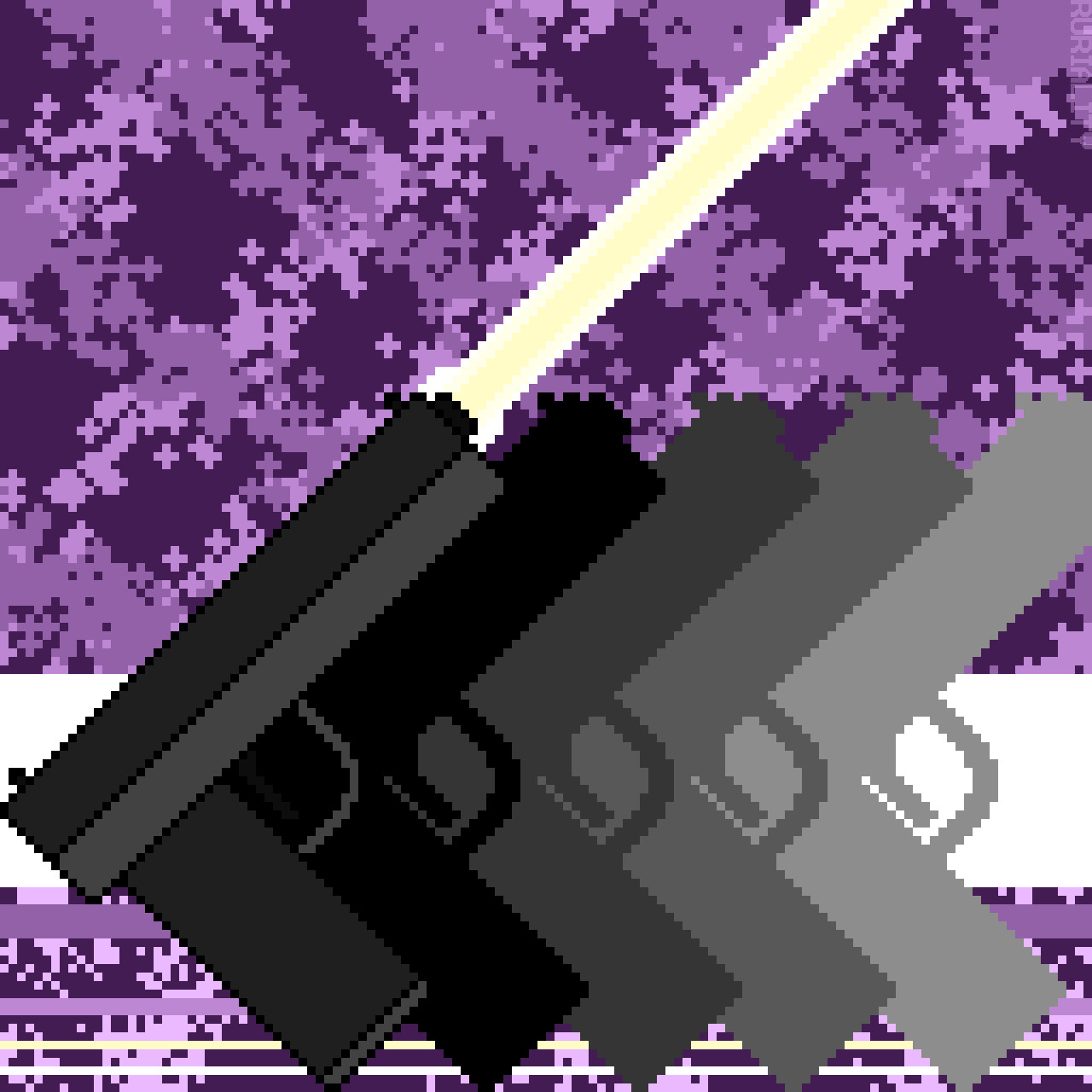 pixel art drawing of a gun with a shadow trail shooting a beam of light, with a background filled with colorful purple, white, and yellow textures