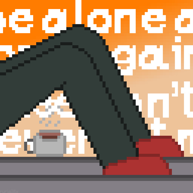 pixel art image of a pair of legs sitting on a rooftop ledge, with a cup of coffee underneath. the background behind is of a sunrise/sunset, with cut-off lyrics of Tatsuro Yamashita's "Fragile"