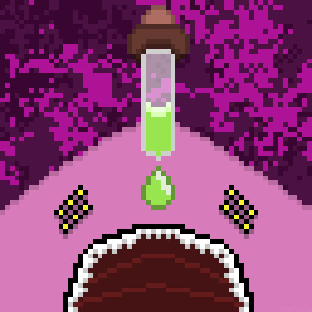 pixel art of a pink monster being drip-fed a green substance, with a surreal scattered purple background