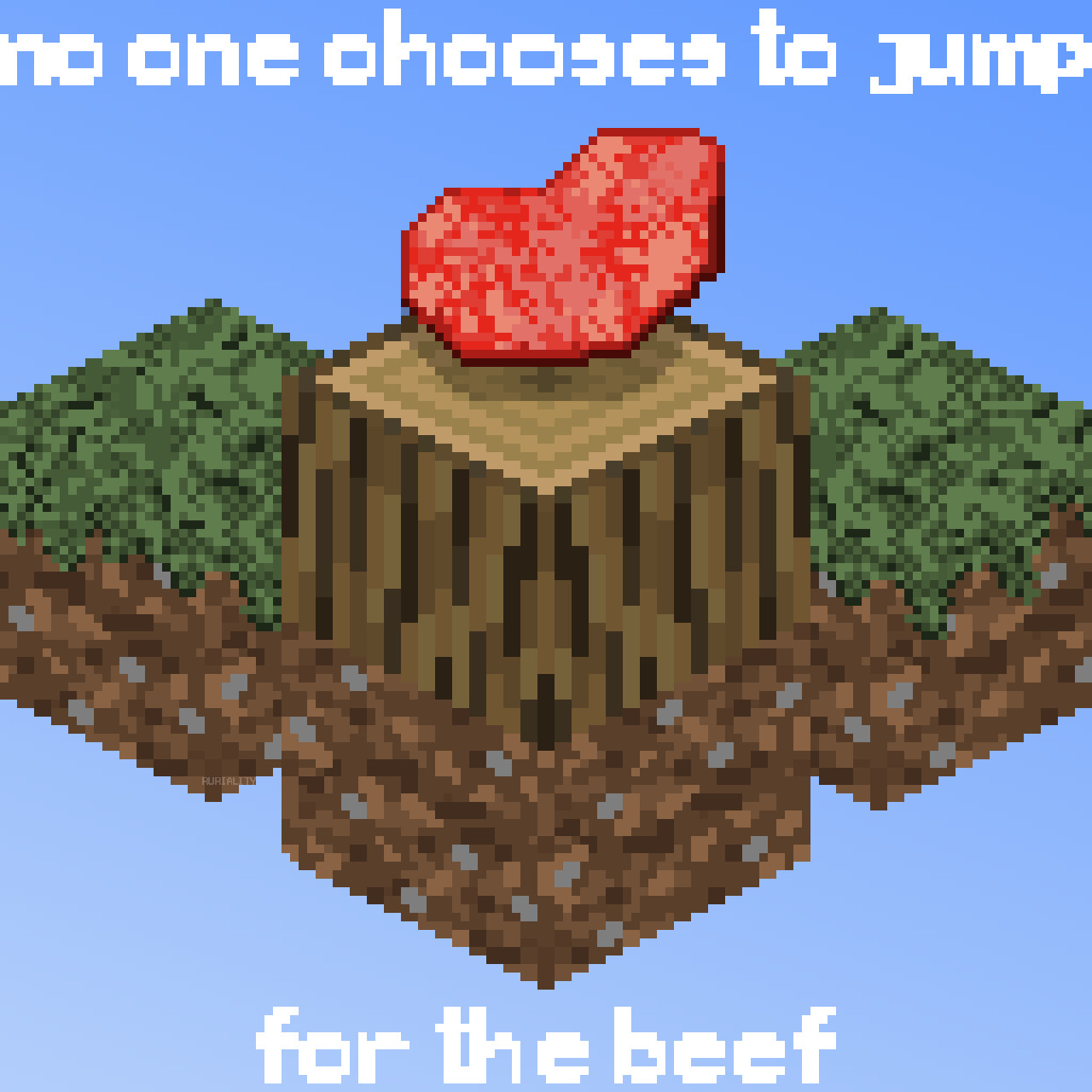 Pixel art illustration of Minecraft objects. A piece of Raw Beef floats on an Oak Log surrounded by Dirt blocks with the caption "no one chooses to jump for the beef." This references Evbo's Parkour Civilization video series, which takes place in Minecraft.