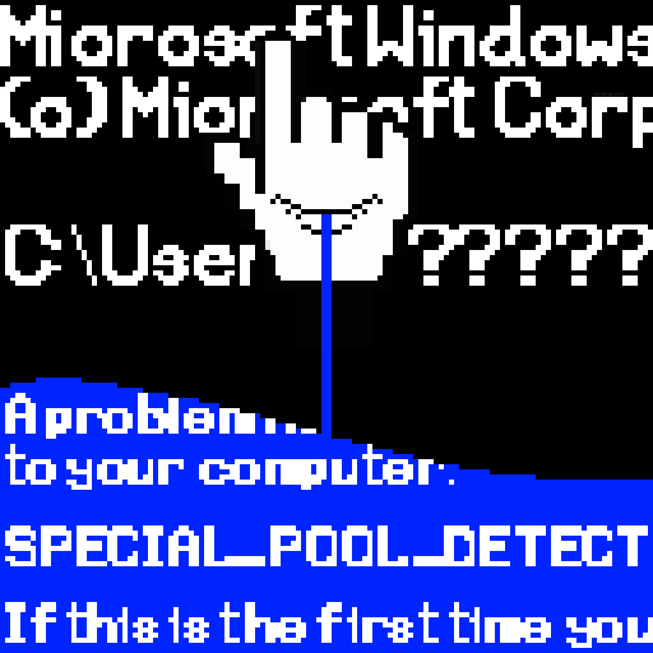 Pixel art drawing of a mouse pointer in front of a Microsoft Windows Command Prompt, whose tears end up revealing a Blue Screen.