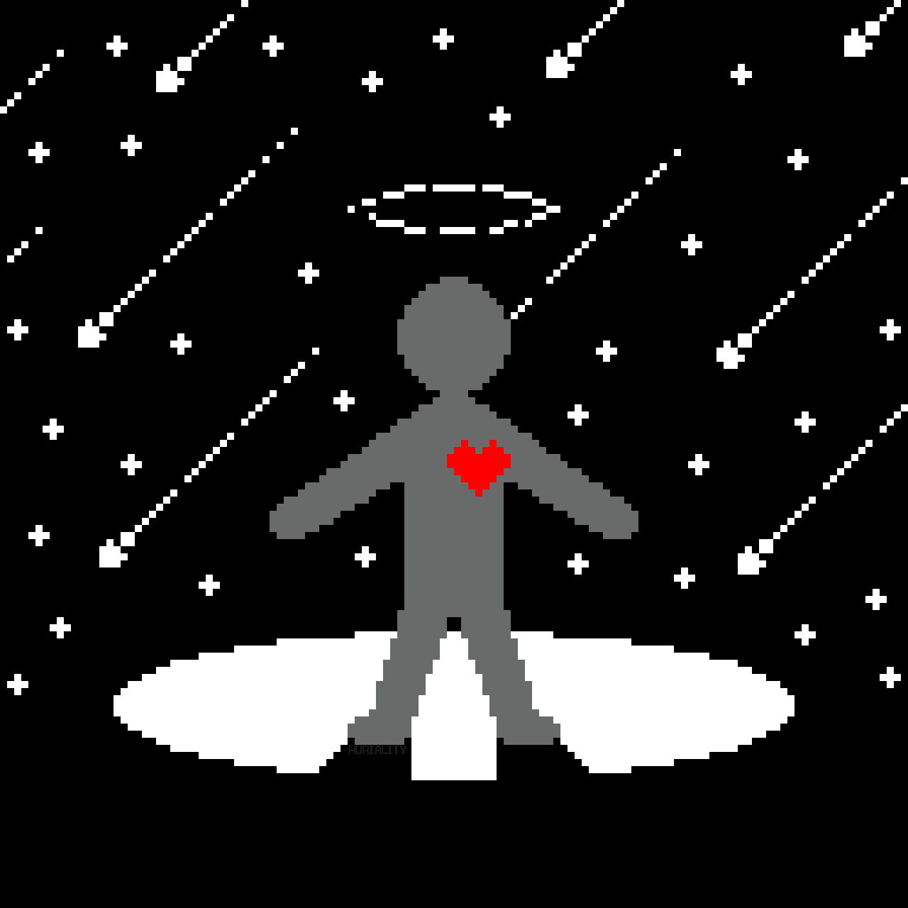 pixel art drawing of a gray man with a broken halo and a red heart in a spotlight, with static stars and shooting stars in the background. this is entitled "left behind after the rapture"