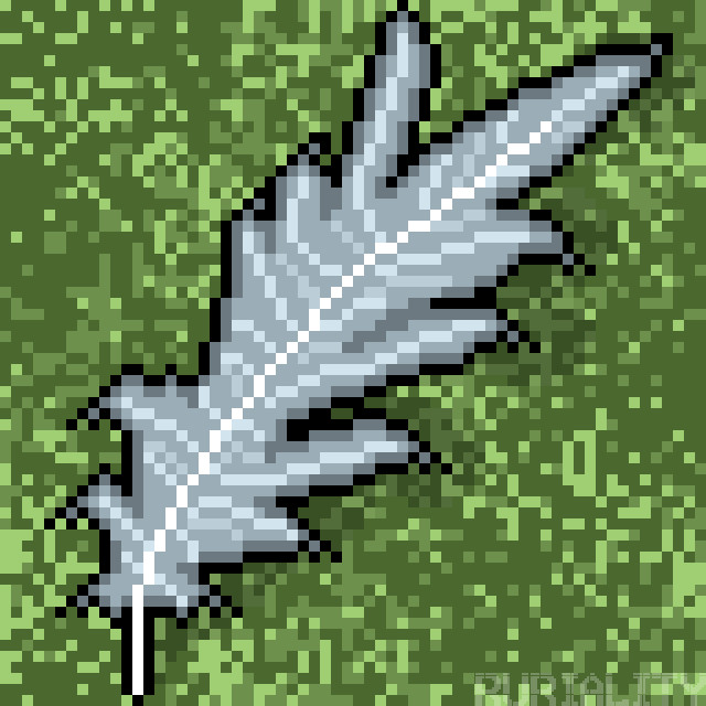 pixel art of a silvery-blue feather on top of a green, grassy background