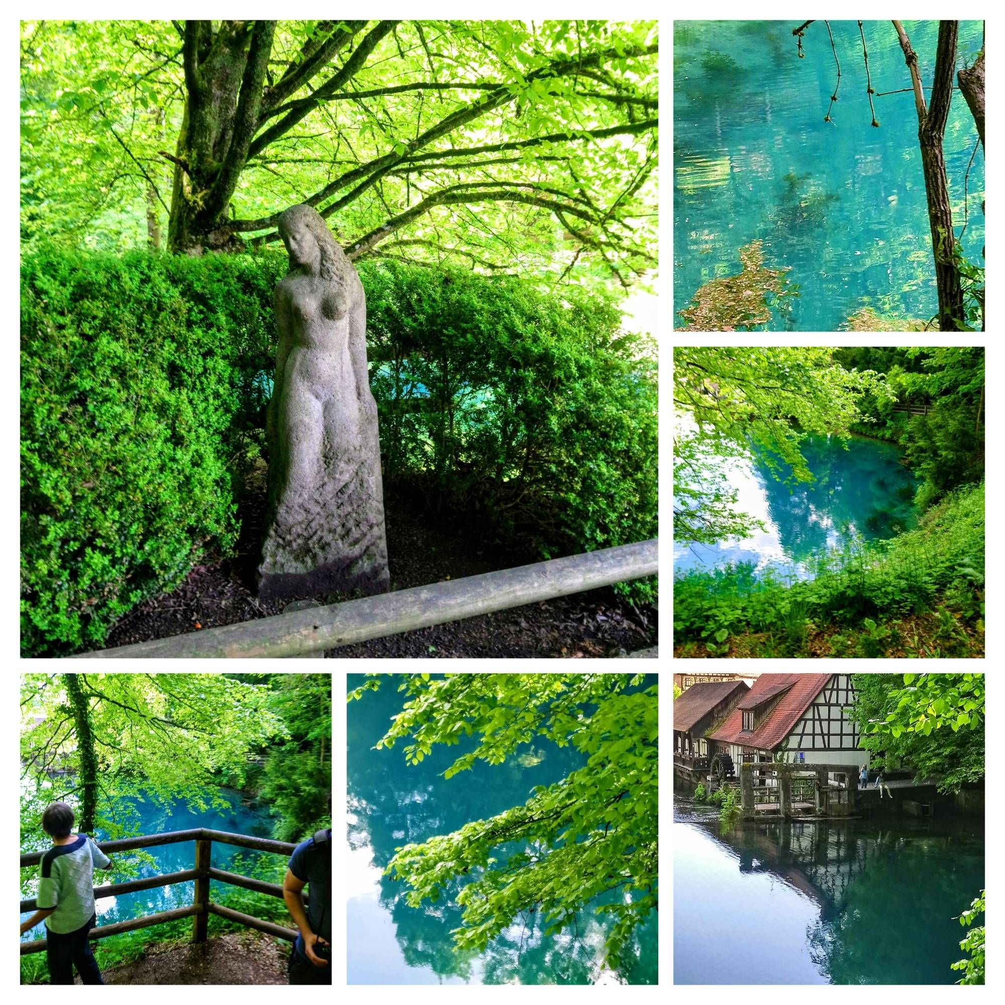 Blautopfimpressionen - eine in Stein gehauene Figur der"Schönen Lau" aus dem Mörike Märchen, das strahlend blaue Wasser, das Fachwerkhaus, in dem die Hammerschmiede untergebracht ist.