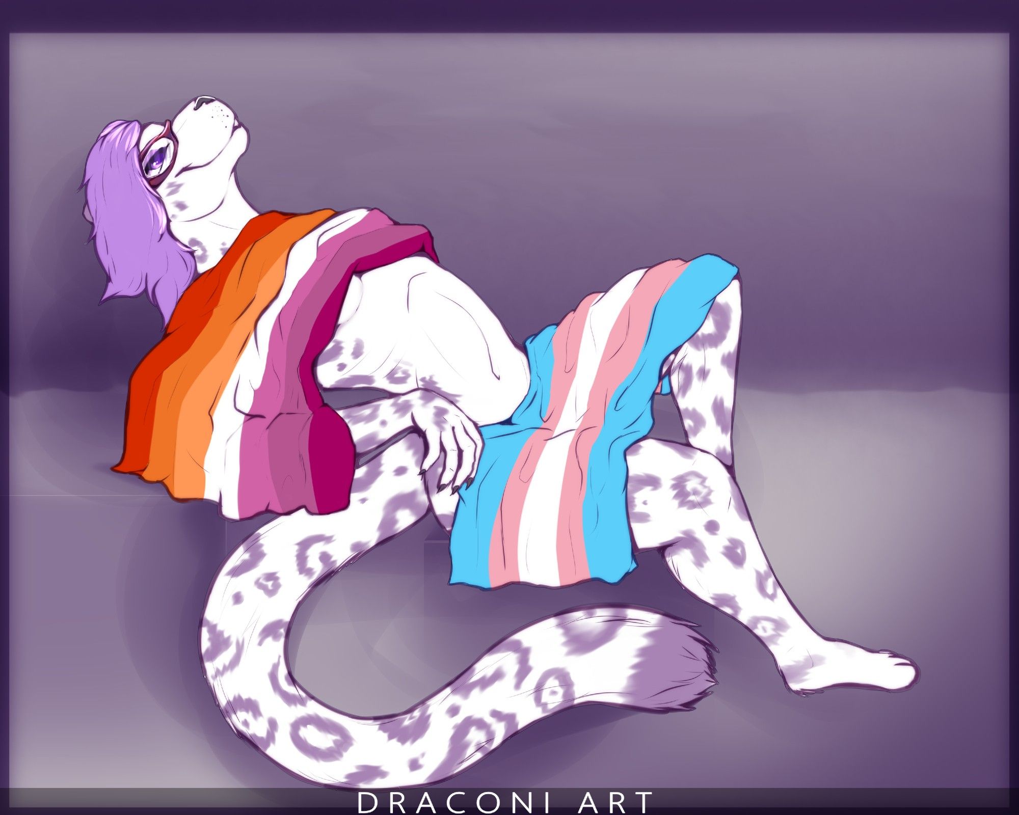 A flat color piece of Sunny, a trans snow leopard. She is lying on her back propped up on an elbow looking upward, there is a lesbian flag covering her breasts and a trans flag covering her hips.