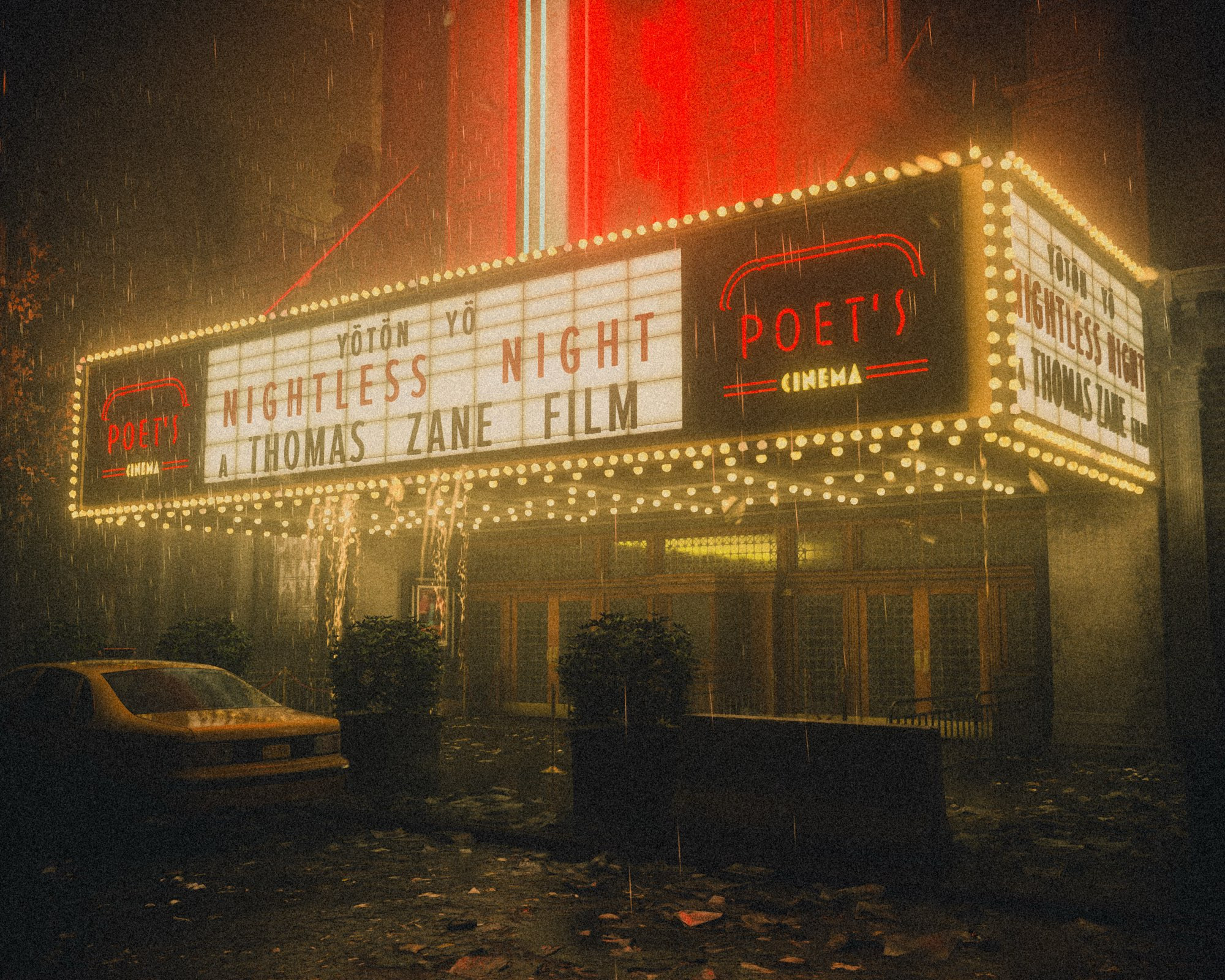 a cinema sign lit up at night in a new york environment from the video game alan wake 2