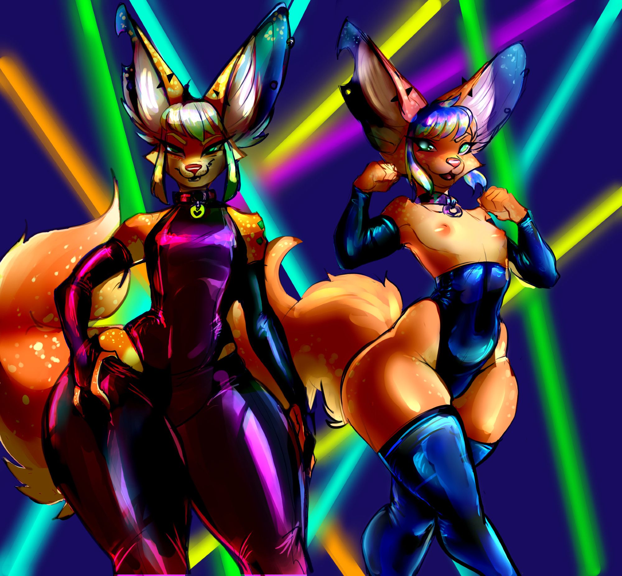 Two side-by-side drawings of an orange fennec fox anthro dressed in skintight latex with a nightclub neon background