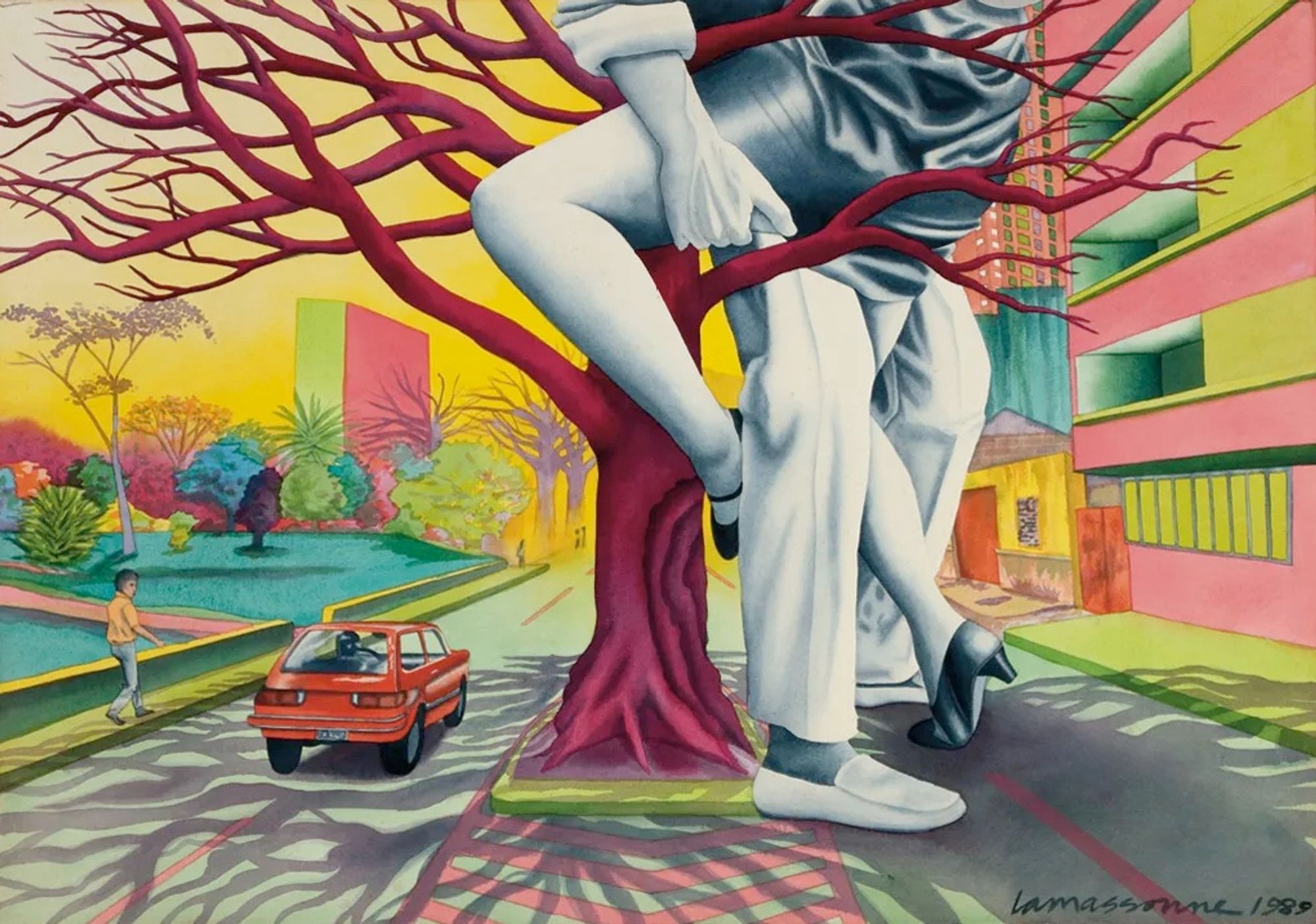 Brightly colored composition of two oversize grayscale figures embracing, seen from their legs only with an arm holding up a woman's bare leg, set against a city street with a red tree with bare branches, pink and yellow buildings, and a yellow sky