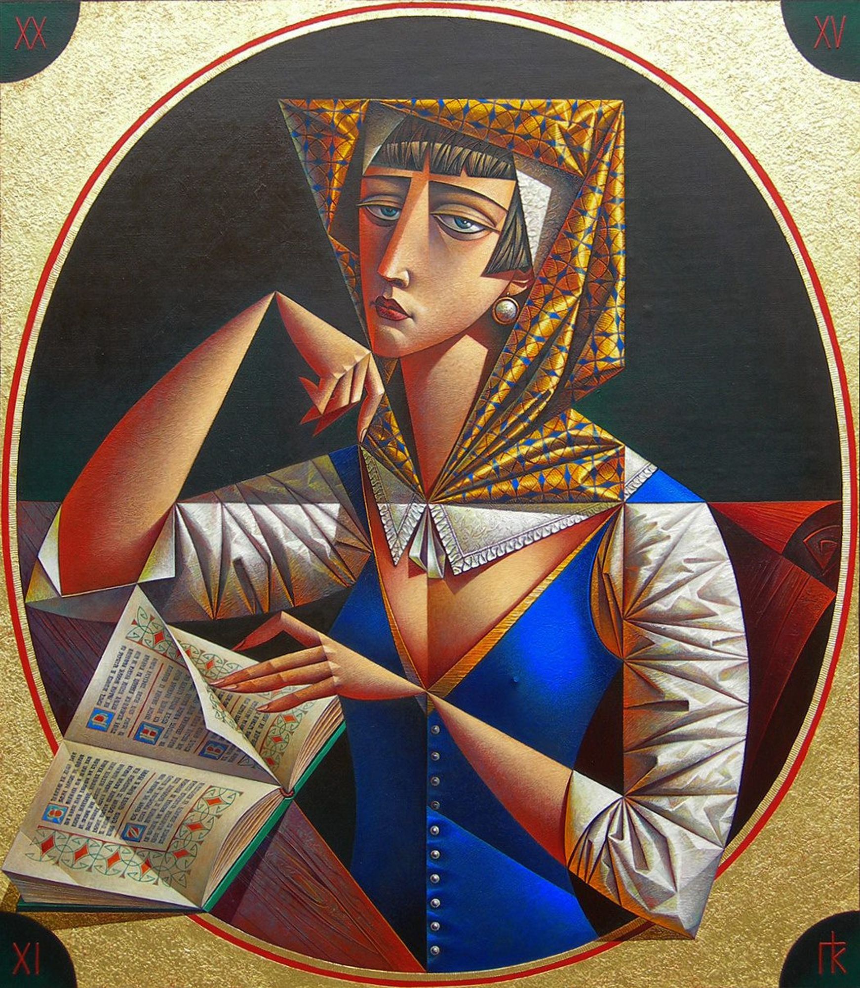 Cubist-style painting depicting a white woman with short dark hair wearing a tight blue bodice and patterned head covering, sitting at a wooden desk with an illuminated manuscript