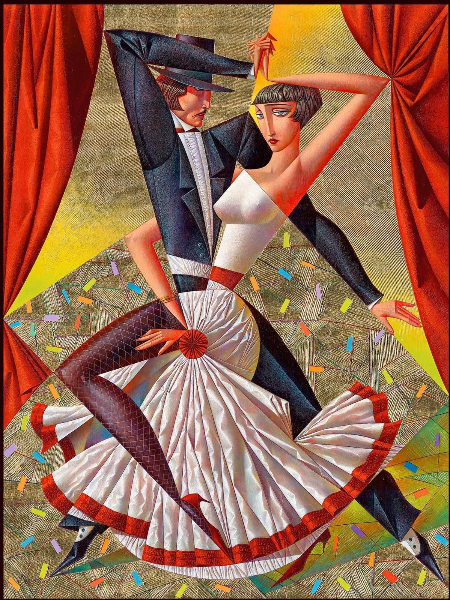 Cubist-style painting depicting a white woman with short dark hair, black tights, and a long white and red dress, dancing sensually with a masked man in a tuxedo, against a gray and yellow background with falling confetti