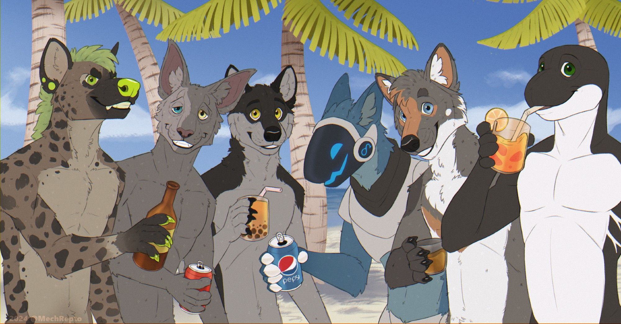 A group of six friends on a beach, each with a different type of drink in hand.