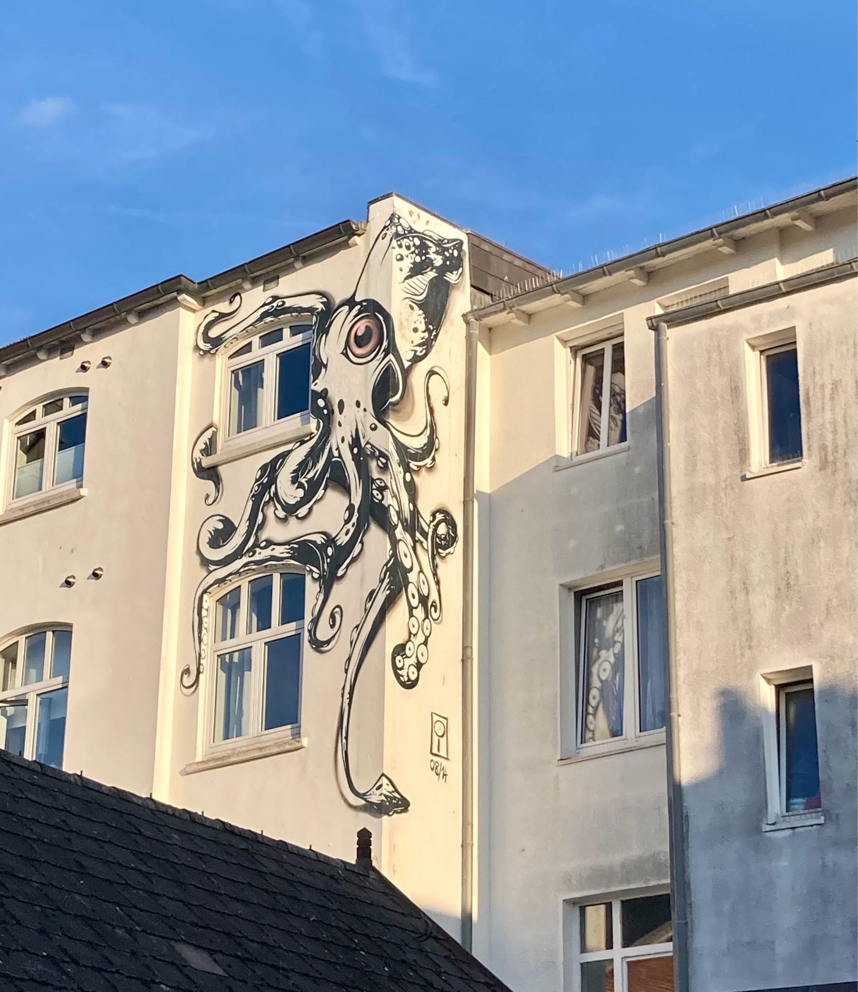 An der hellen Wand eines Altbauwohnhauses erstreckt sich ein Oktopus mit schwarzen Outlines über die zwei oberen Etagen und eine Ecke. Einzelheiten wie die Saugnäpfe sind detailliert dargestellt. Mit einigen seiner Arme umfasst er zwei untereinander liegende Fenster. Eines seiner gelben Augen ist zu sehen. Im Vordergrund links ist ein Teil eines dunklen Hausdaches zu erkennen. Die Sonne scheint und der Himmel ist blau.