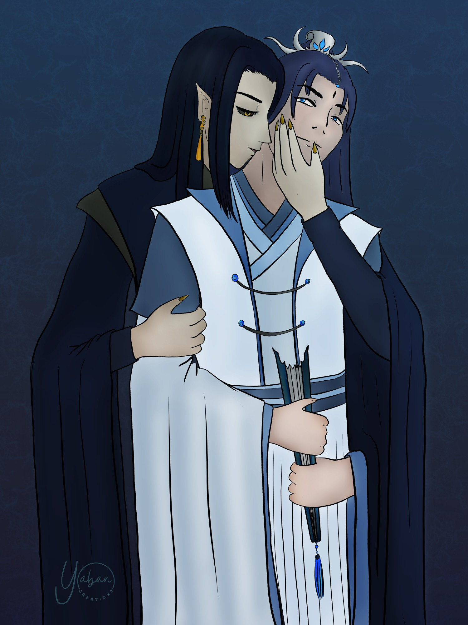 Digital fanart of the novel Heaven Official's Blessing. Shi Wudu, who is holding his closed fan with both hands, smiles smugly while He Xuan holds him from behind —one hand in his arm and the other on his face— and kisses his neck.