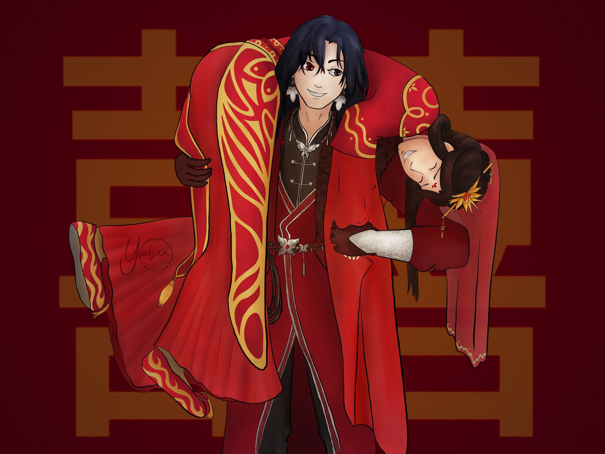 Digital fanart based in the novel Heaven Official's Blessing. Hua Cheng stands with no eyepatch (red eye on sight) and a big smile in his face. He's wearing fine red clothes, deer skin gloves, silver maple leaf earrings and a whip in his belt. He's carrying Xie Lian, who's also smiling widely and wears a traditional female wedding dress, in a firefighter carry. Behind them, 囍 (the character for "double happiness") is written in big bold golden lines over a dark red background.