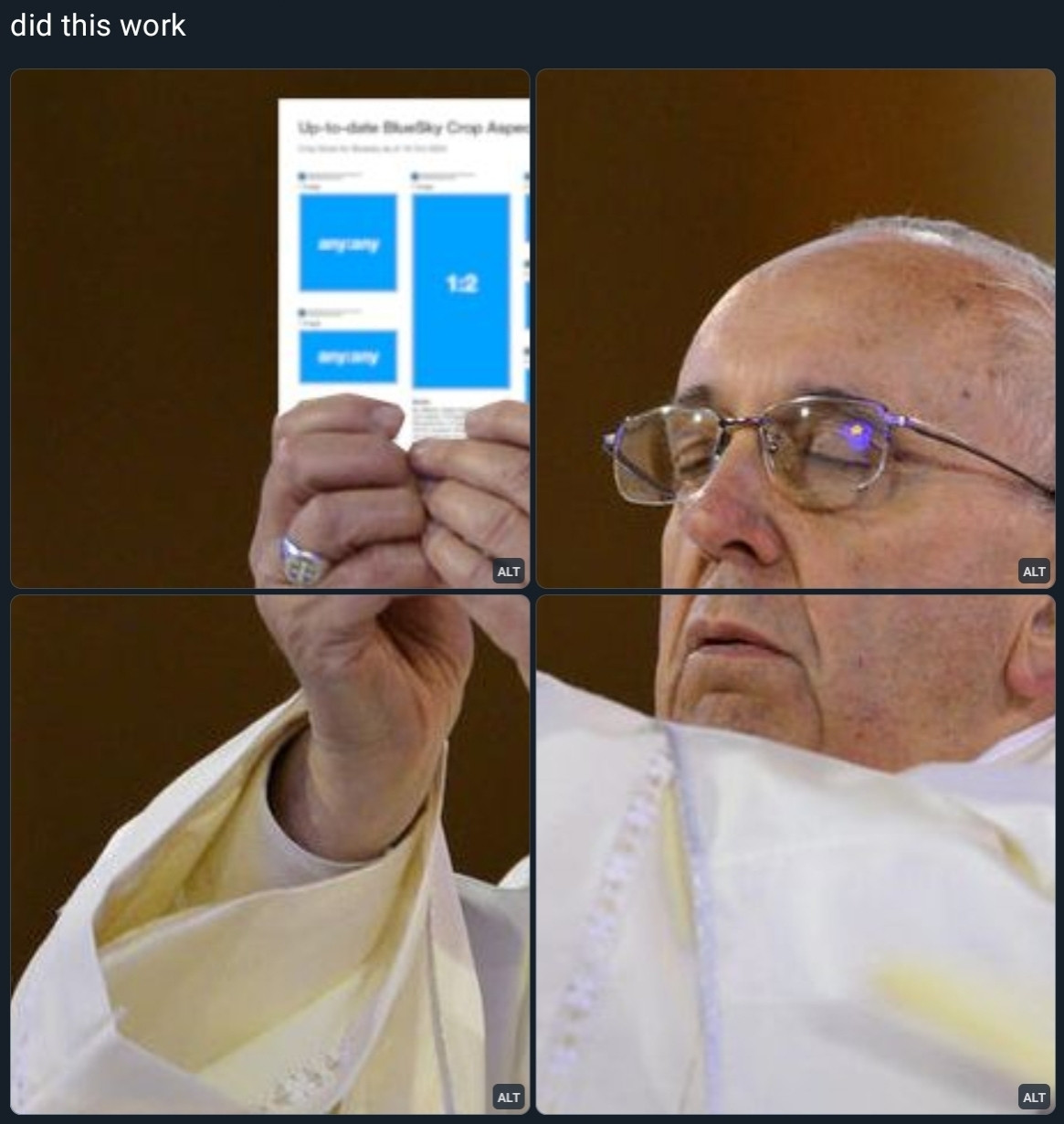 Screenshot of a post where four images align to show Pope Francis holding a Bluesky size chart. The images fit vertically, but not horizontally.