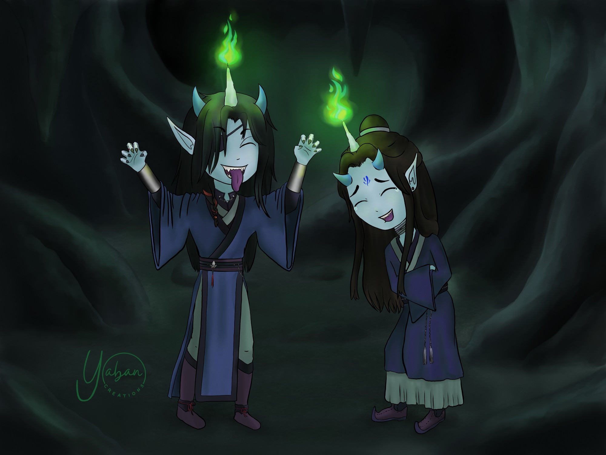 Digital fanart based in the novel Heaven Official's Blessing. Hua Cheng and Xie Lian, disguised as ghost minions of the Green Ghost Qi Rong, stand in the middle of a cave. Hua Cheng sticks out his tongue and flexes his raised claws in a happy and mocking gesture, while Xie Lian hugs his belly in laughter, with tears glistening in the corner of his eyes.