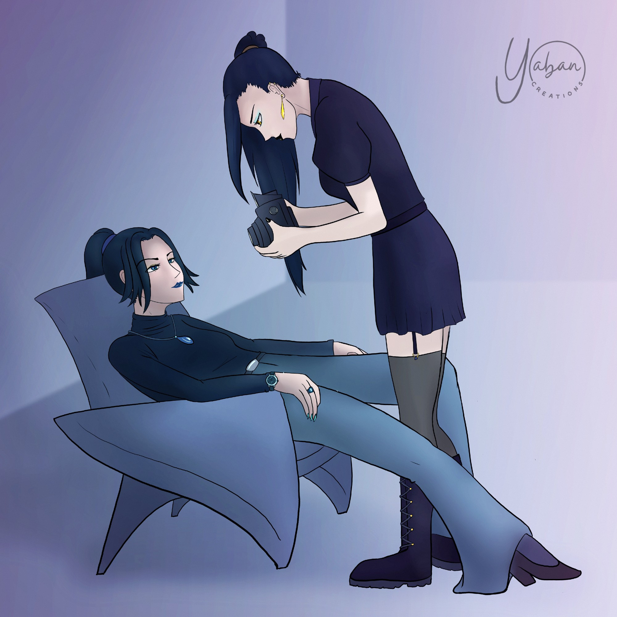 Digital fanart based on the novel Heaven Official's Blessing. Modern AU, genderbend of Shi Wudu and He Xuan. Shi Wudu sits/almost lies down in a modern-looking chair, posing for the camera of He Xuan, who's standing right between her legs.