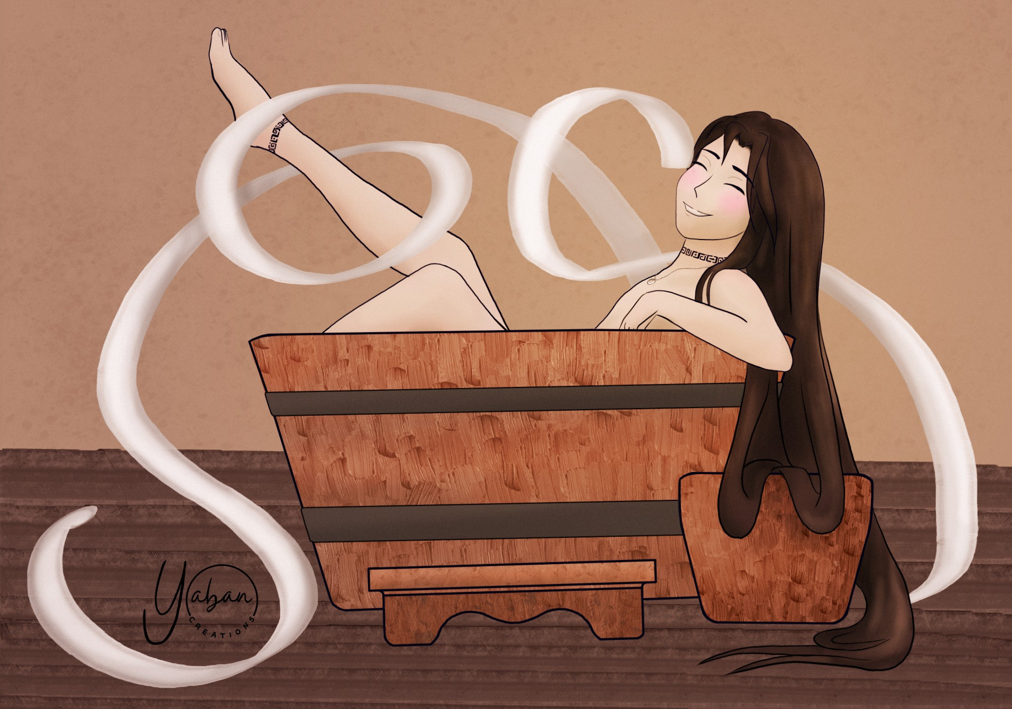 Digital drawing of Xie Lian from the novel Heaven Official's Blessing and his spiritual device, Rouye. Xie Lian sits on a wooden bathtub with the right leg stretched upwards in a playful pose. His hair cascades out of the tub and into a wooden bucket and the floor. Ruoye is curled all around Xie Lian and has one end touching his face as if it were giving him a kiss in the cheek.