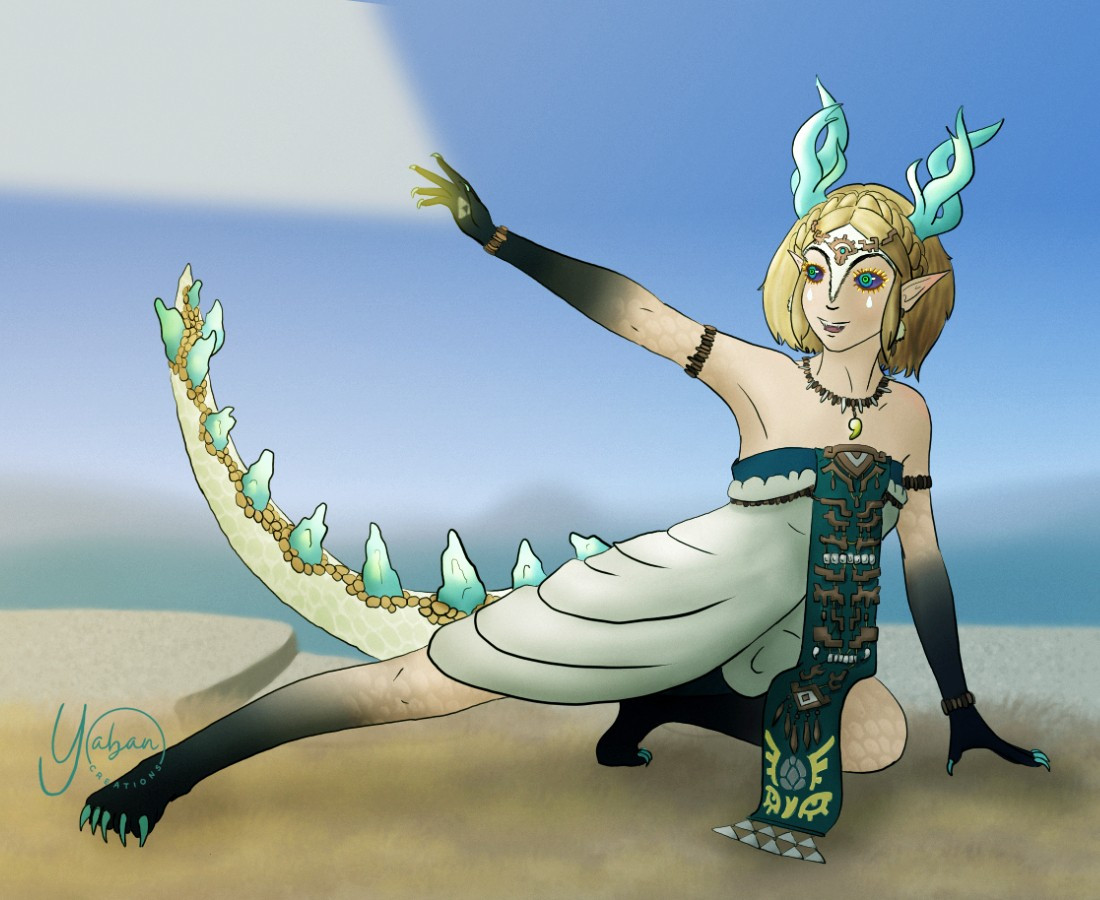 Digital fanart based on The Legend of Zelda: Tears of the Kingdom. Zelda, who's in a hybrid form between her human/hylian shape and the light dragon, crouches on the grass of a sky island with one hand raised. The triforce shines in her palm, and she's shooting a beam of light. Her expression is joyful.