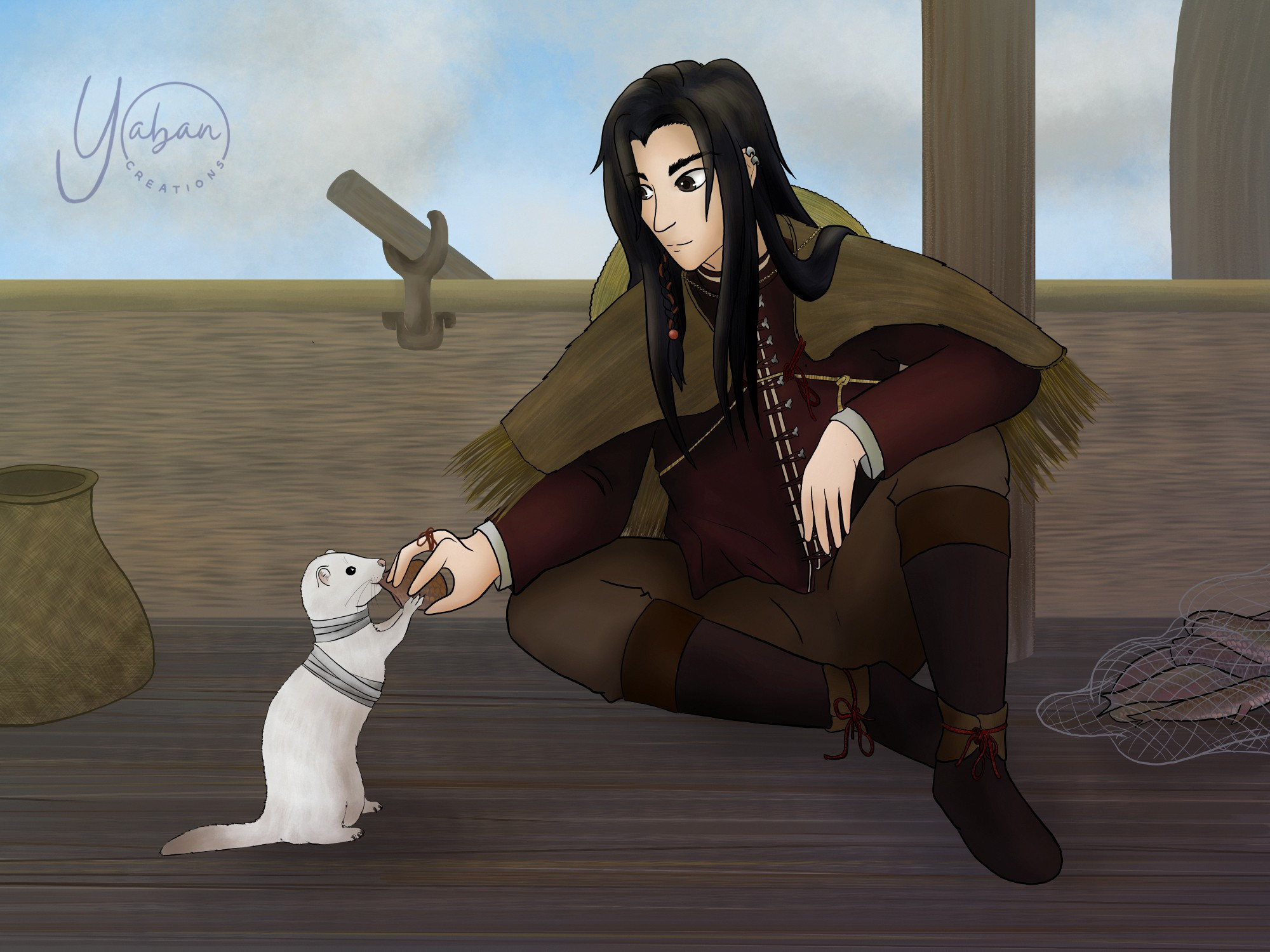 Digital fanart based in the novel Heaven Official's Blessing. Hua Cheng, dressed as a fisherman with a straw cape and a bamboo hat hanging from his neck, feeds a piece of fish to Xie Lian, who's in the shape of a white ferret with bandages around his chest and neck. They sit together on the deck of a fishing boat, with a bamboo woven basked on one side and a net with more fish on the other.