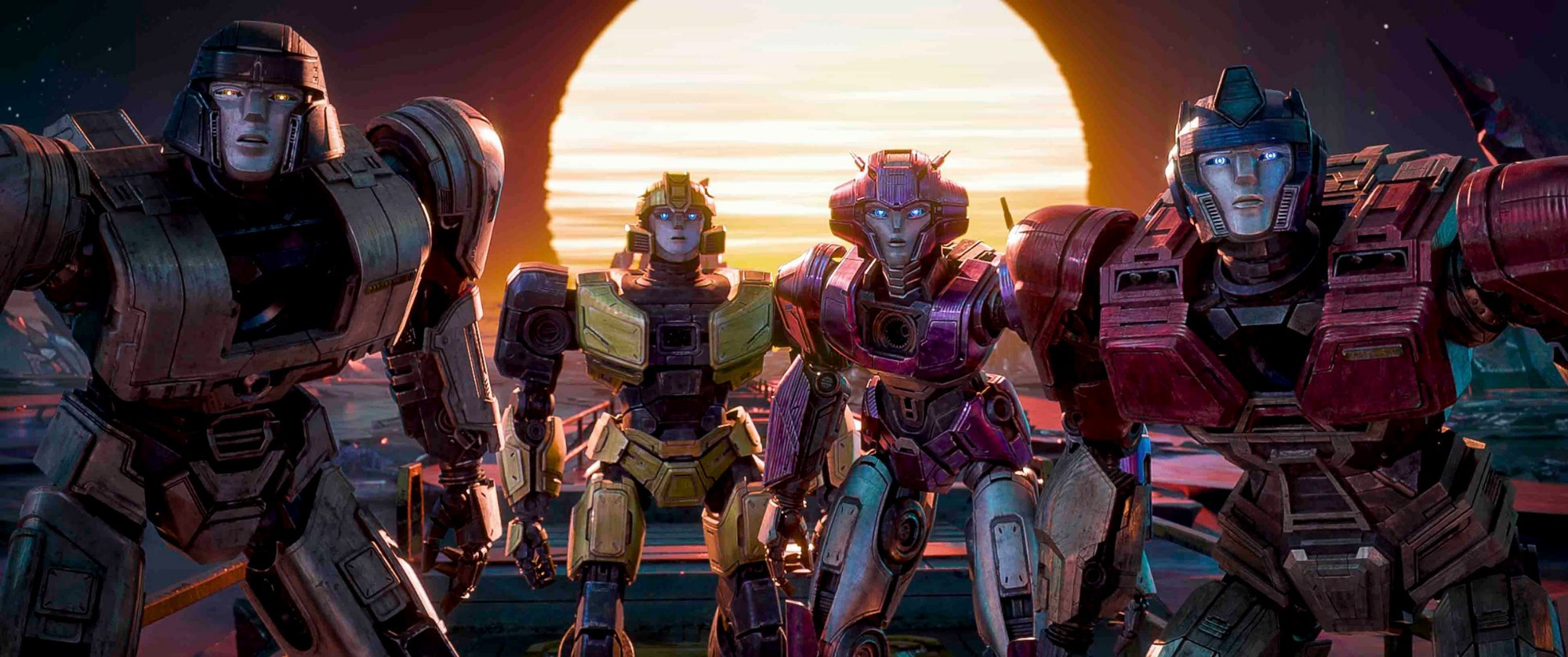 The sun looks like it's from a synthwave art piece and it's so perfect for a metallic planet populated by robots 