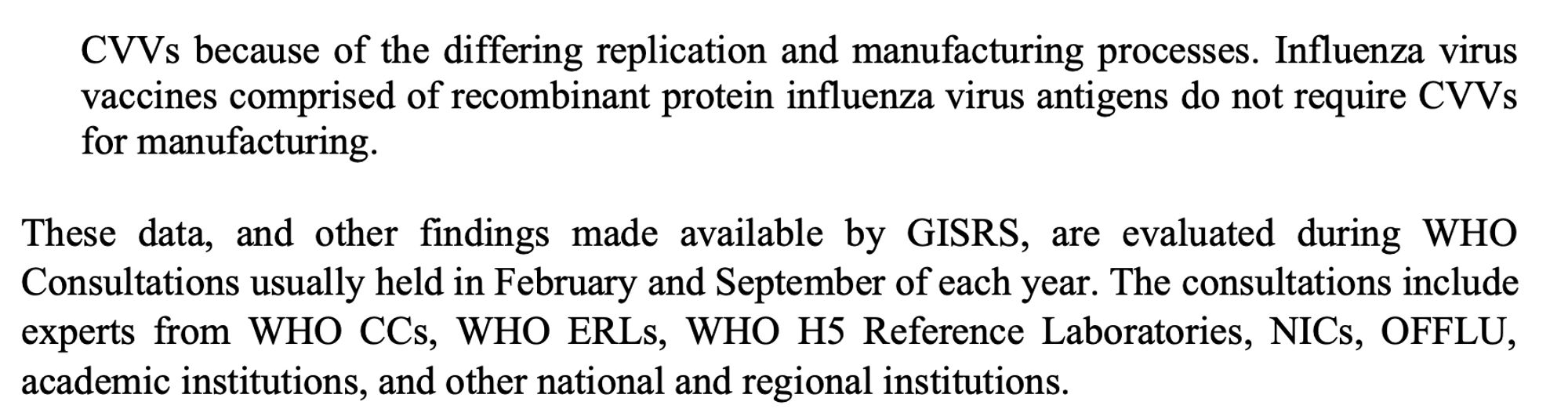 CVVs because of the differing replication and manufacturing processes. Influenza virus vaccines comprised of recombinant protein influenza virus antigens do not require CVVs for manufacturing.

These data, and other findings made available by GISRS, are evaluated during WHO Consultations usually held in February and September of each year. The consultations include experts from WHO CCs, WHO ERLs, WHO H5 Reference Laboratories, NICs, OFFLU, academic institutions, and other national and regional institutions.