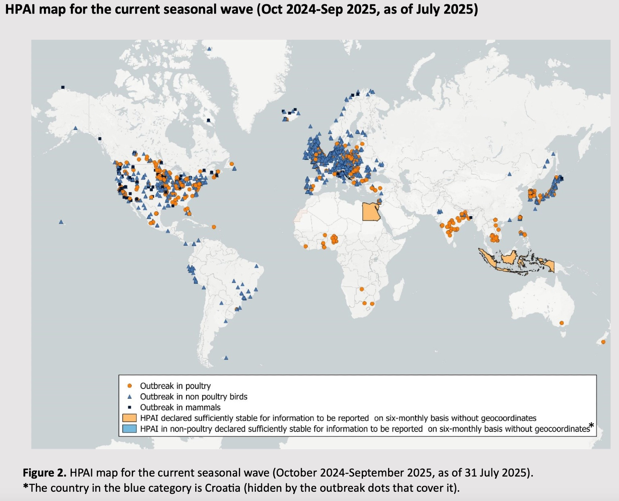 HPAI map for the current seasonal wave (Oct 2024-Sep 2025, as of July 2025)