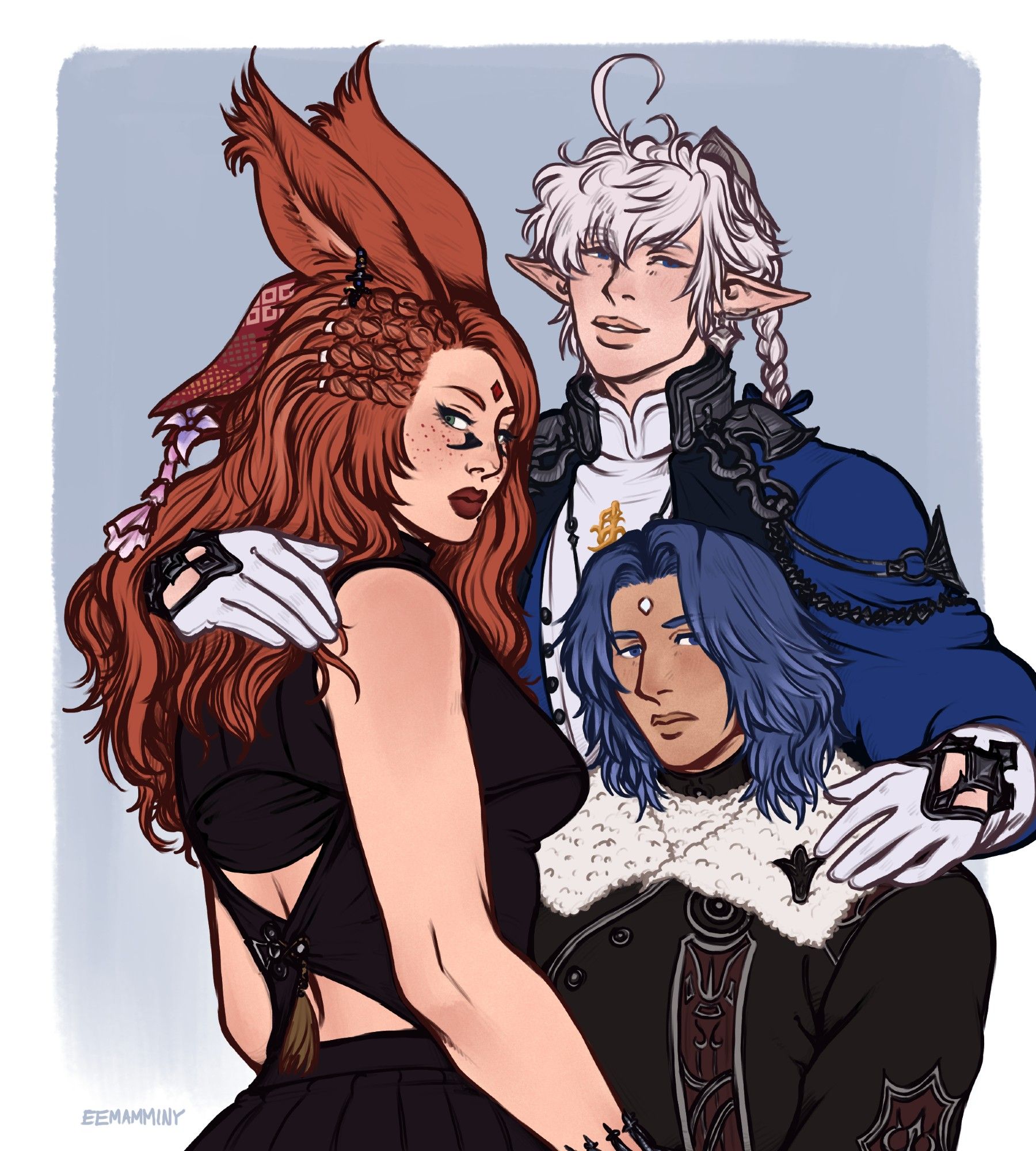 Digital artwork of a viera woman, an adult version of Alphinaud, and Jullus huddled together closely. Alphinaud has his hands on the shoulders of the others and he is the tallest of the three, smirking mischievously and tilting his head up to look toward the viewer. The viera woman is caught from the side, glaring coldly at the viewer from over her shoulder. She has long ginger hair and red freckles on fair skin, with green eyes under heavy eyelashes and facial markings on the bridge of her nose. She is wearing a decorative headscarf and dangle earrings, with the martialist's set dyed black and a pleated skirt. Between the viera and Alphinaud is Jullus, who is the shortest of the three. He is squished between the chests of the other two and is looking at the viewer with an unamused expression.