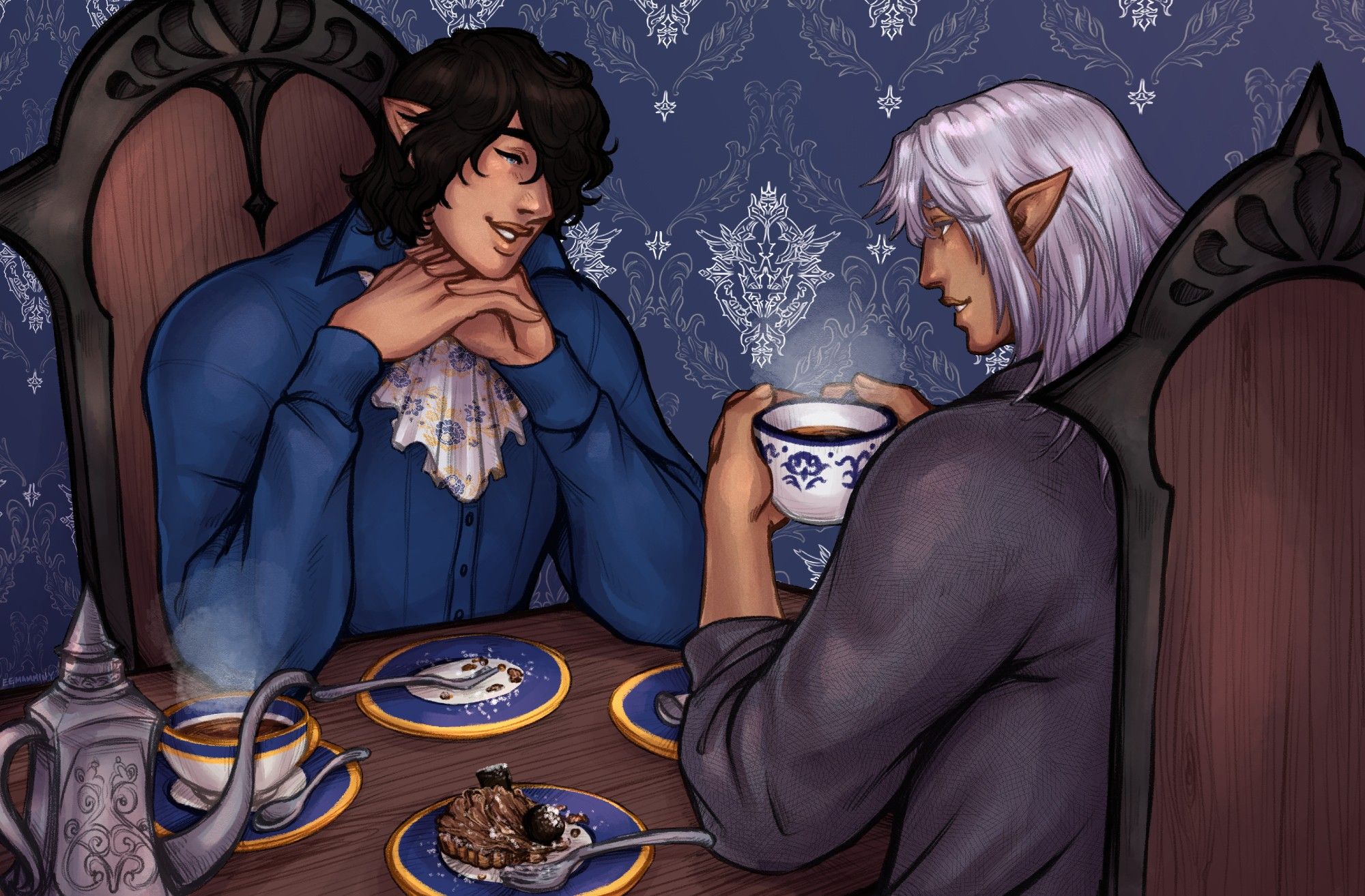 Digital artwork of Estinien and Aymeric, seated at a table drinking tea. The House Borel tea set is displayed on the table, however Estinien is drinking out of a teacup of a different set. Estinien's cup is white with a floral design painted in violet below the rim. Estinien has a half-eaten sohm al tart beside him, the decorations drooping messily, while Aymeric's plate has only crumbs remaining. Aymeric is lacing his hands beneath his chin and smiling as he gazes intently and warmly at Estinien, as if he is listening in great detail. Estinien holds his teacup in both hands, smiling to Aymeric as they talk.