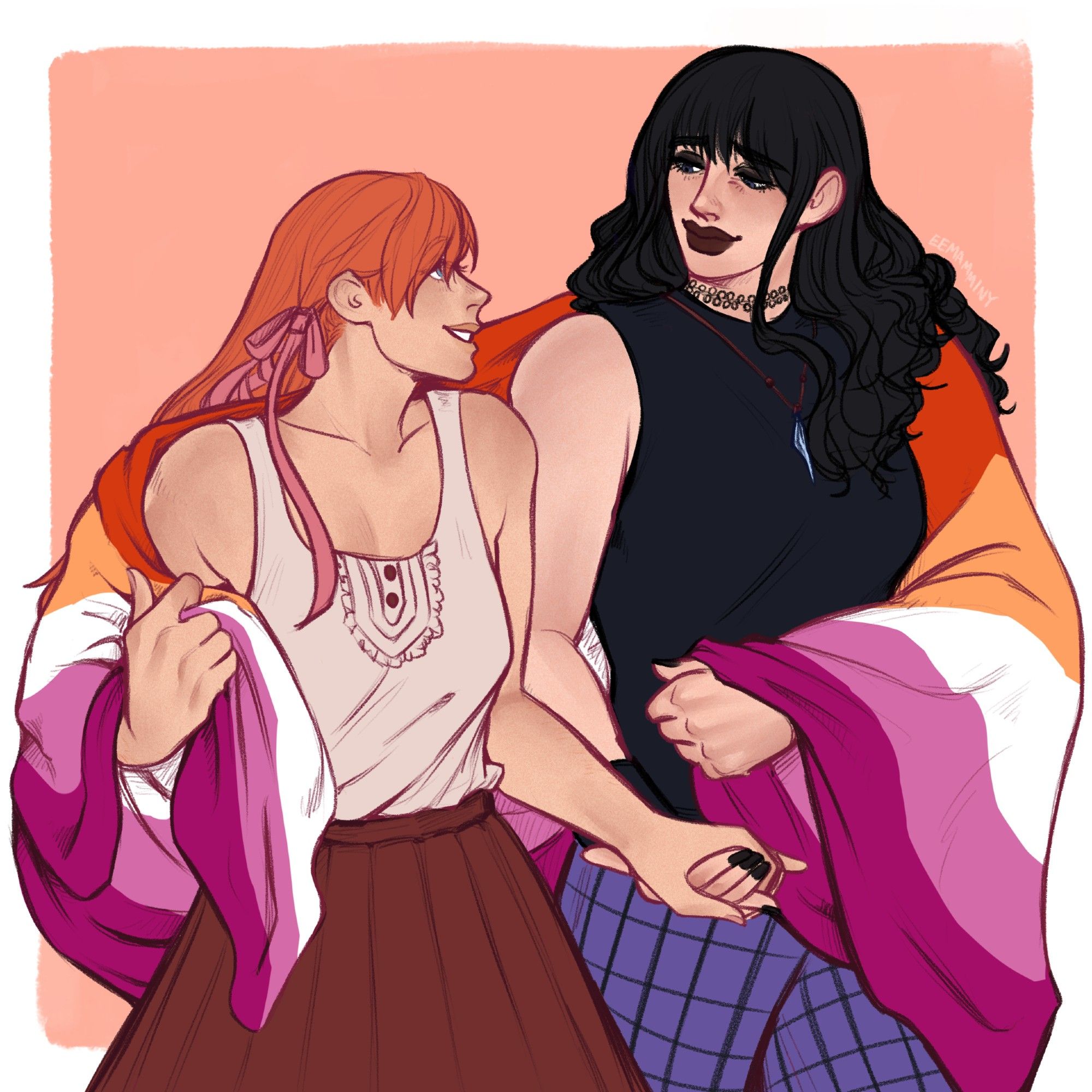 Digital artwork of Ryne and Gaia. They are dressed in casual clothes: Ryne has a beige tank top and a maroon pleated skirt. She is holding Gaia's hand while smiling at her. She is wrapping a lesbian flag around her shoulder with her other hand. Gaia is wearing a black muscle shirt and plaid shorts in purple and black. She is also wearing the ice necklace Ryne gave her. She is smiling softly at Ryne and holding her hand, while pulling the other side of the lesbian flag around herself by her waist.