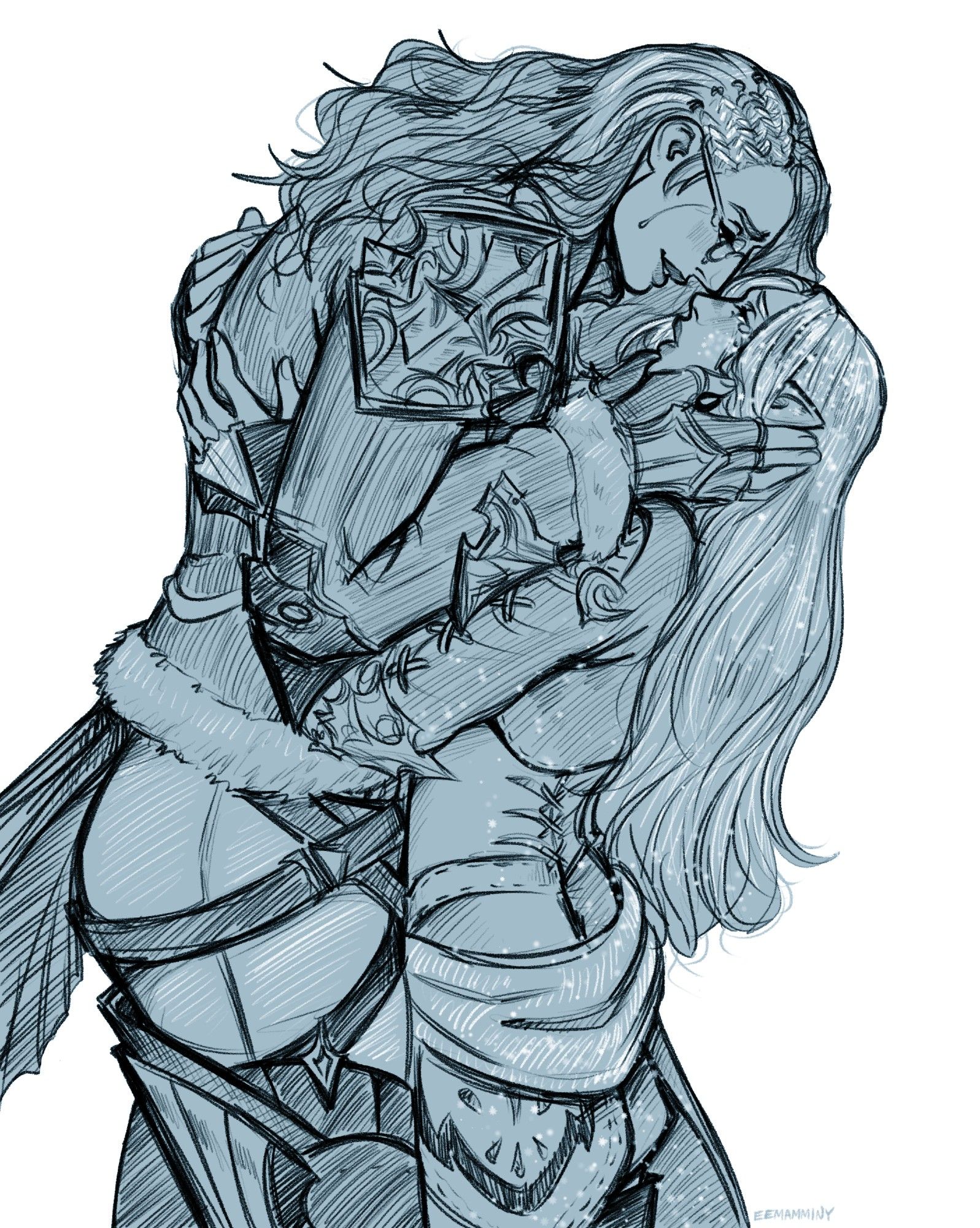 Monochromatic digital sketch of Ysayle and a roegadyn warrior of light cast in shades of steel blue. They are embracing, clinging to one another desperately as if it is their first embrace in a long time. The roegadyn is taller than Ysayle, bending down and dipping Ysayle's back slightly. She has long hair parted on the right side, with several rows of braids along the right side of her head, and she is wearing a pair of glasses. She is cupping Ysayle's cheeks with both hands while Ysayle is clutching the warrior of light's back tightly. They are both crying and smiling, noses touching and their lips only a few inches apart. Ysayle is covered in frost and snowflakes, having just recently transformed back into herself from her Shiva form.