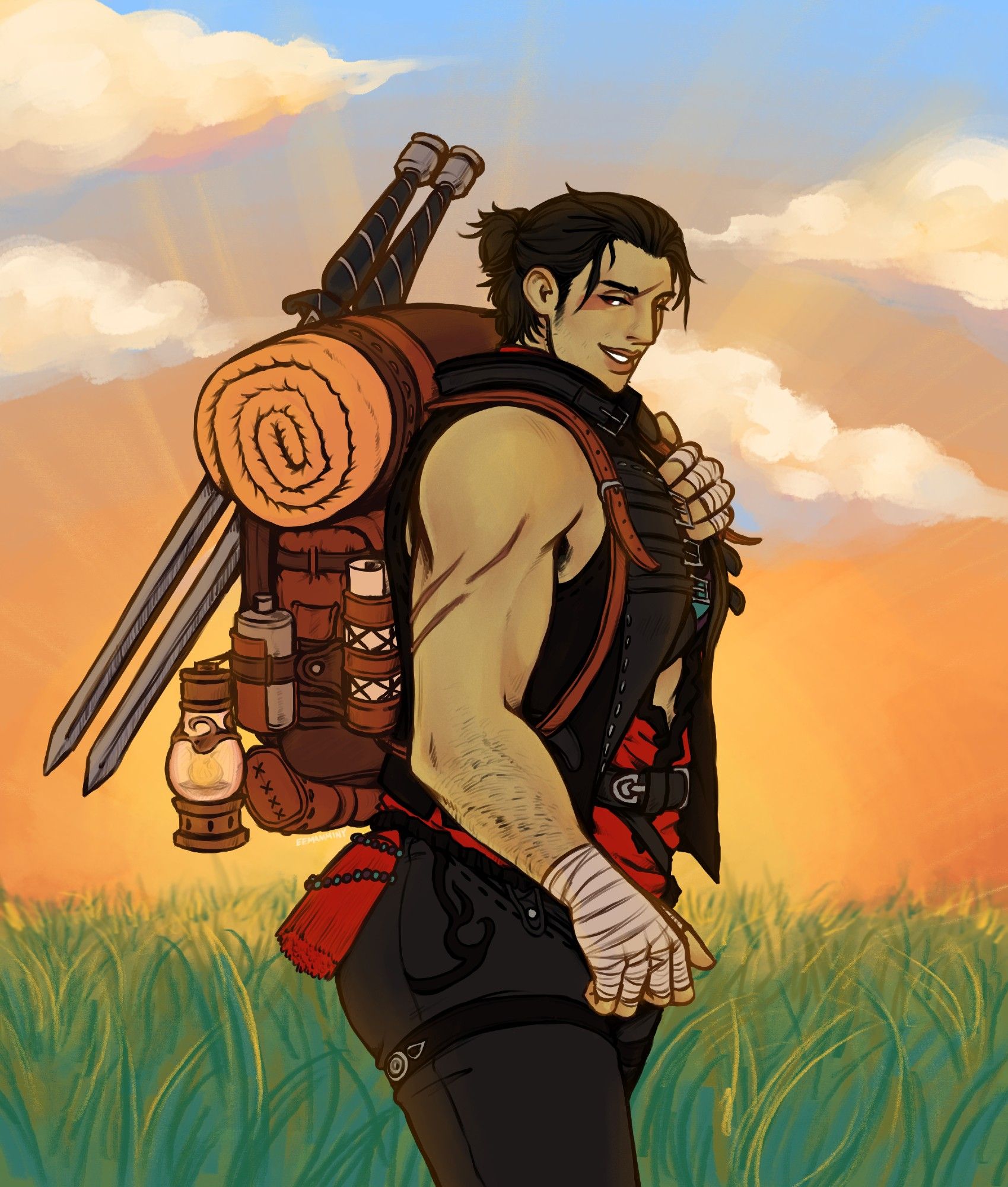 Digital artwork of a roegadyn warrior of light, walking through a grassy field at sunrise. She is wearing the blade's maiming set and has a large backpack with two viper blades attached to it at her back. She is holding one strap of the backpack with one hand while turning to look at the viewer with a soft smile. She has a large build and scars along her bicep, messy dark hair which is tied into a small half-ponytail, and some visible stubble and arm hair. Her eyes are red, and she has a scar on her forehead that leads into a tattoo over her right eye.