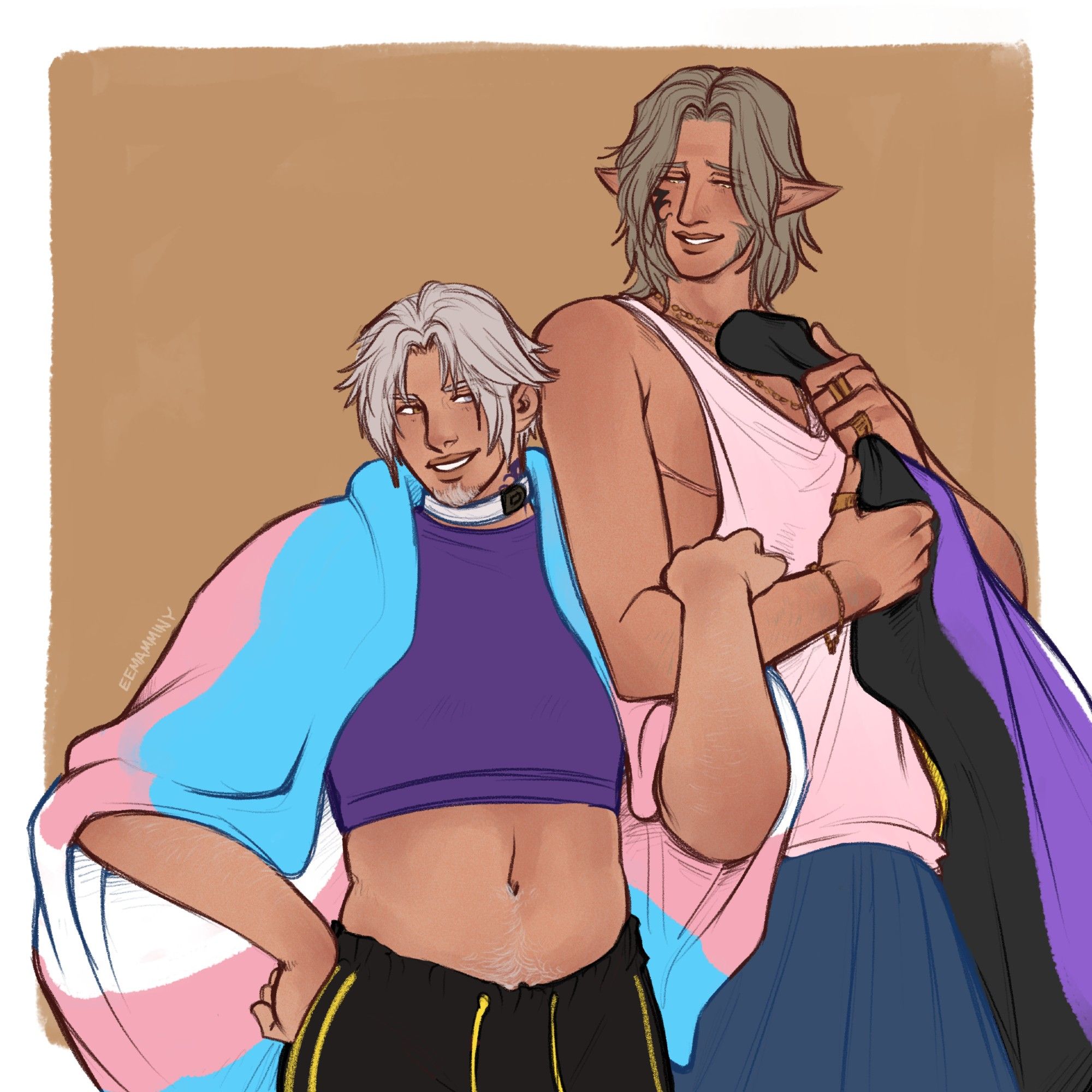 Digital artwork of Thancred and Urianger. They are dressed in casual clothes: Thancred is wearing a purple binder and black athletic shorts with yellow trim. He has the trans flag draped over his shoulders and is grinning while wrapping his arm around Urianger's arm. Urianger is wearing a pastel pink tank top that is loose enough to show top surgery scars on his chest, and a long blue skirt. He is holding the nonbinary flag and clutching it close to his chest while smiling down at Thancred.