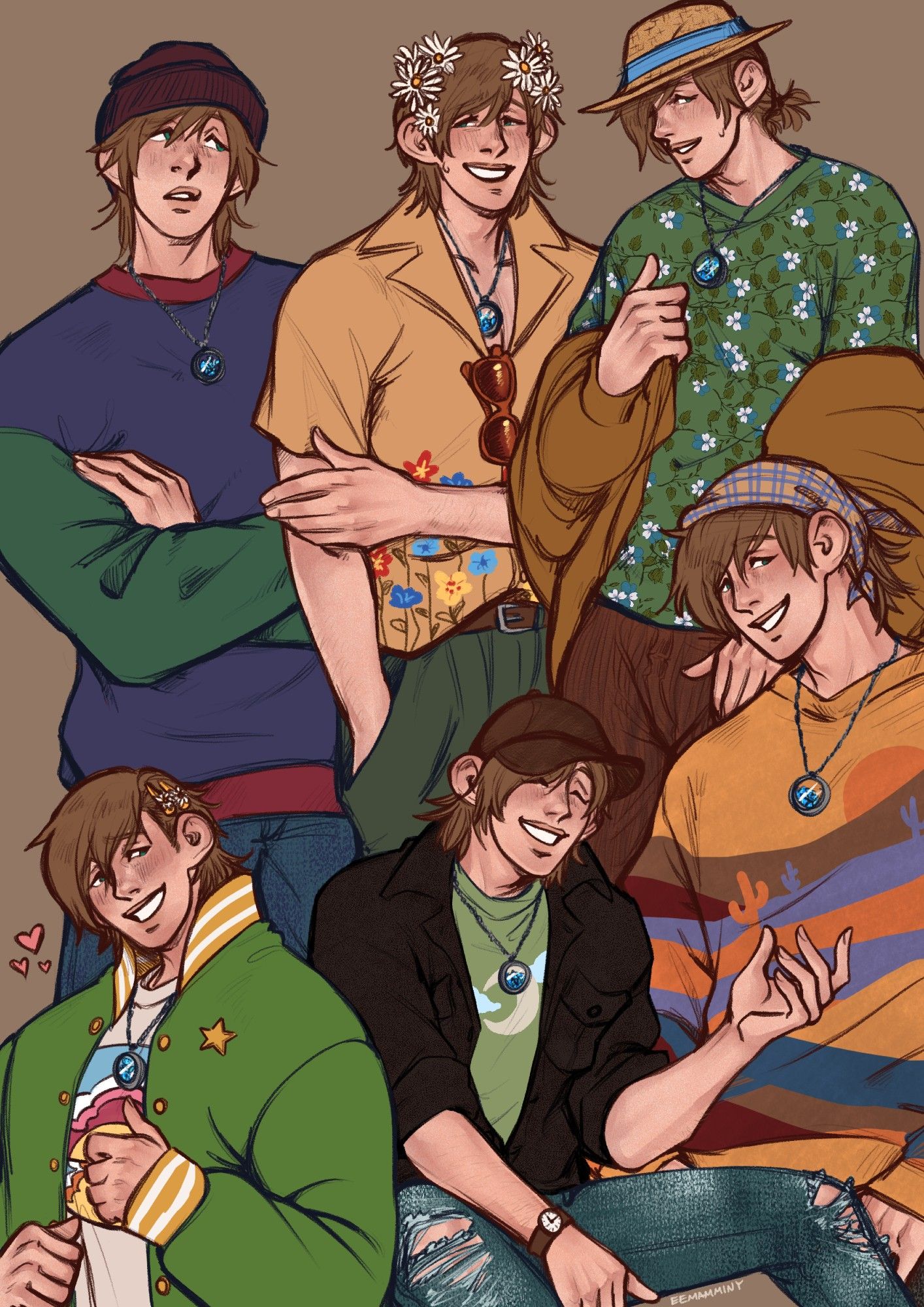 A collage of digital sketches of a male original character. He is tall and thin with a fair complexion and mousy brown hair. His eyes are teal, and his hair is cut messily and falls just past his large ears. He is in a variety of outfits and poses, mostly in earthy colors such as green, orange, and brown, with some blues.