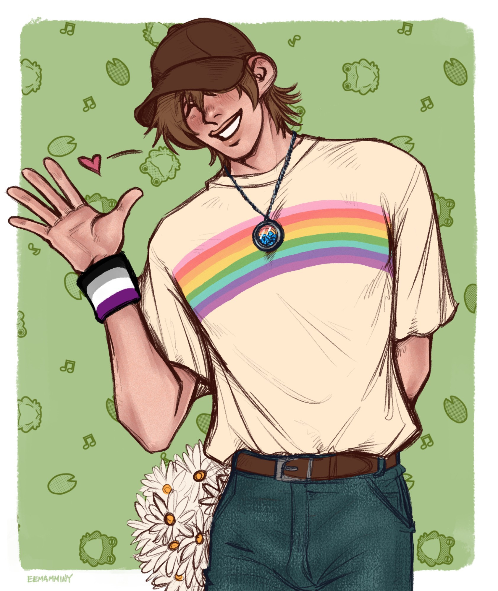 Digital artwork of an original male character. He is tall and thin with a light complexion, mousy brown hair, and large ears. He is grinning and smiling with his eyes, bending to the side while waving at someone unseen. He has a bouquet of daisies held behind his back. He is wearing an off-white t-shirt with a faded Gilbert Baker pride flag rainbow across the chest, jeans with a belt, a brown ballcap, and a wristband in the asexual colors. He has a locket around his neck which has broken bits of seashell inside it visible through a glass case. Behind him the background is a pattern of frogs, lily pads, and musical notes on a green rectangle.