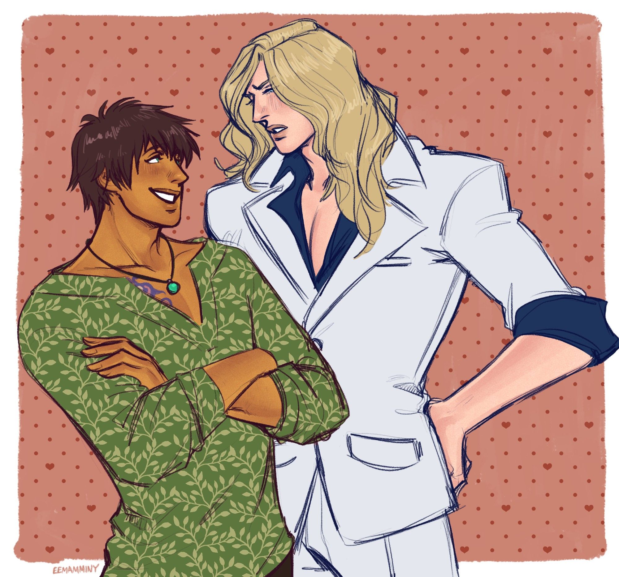 Digital artwork of Cecil and Camus from Uta no Prince-sama. Cecil is wearing a loose green shirt with a leaf pattern printed on it, crossing his arms casually while he grins up at Camus. Camus is wearing a white suit with an unbuttoned navy blue shirt underneath it. His hands are on his hips and he is looking down at Cecil disdainfully. Behind them is a peachy pink roughly drawn square, with a pattern of red dots and hearts inside it.