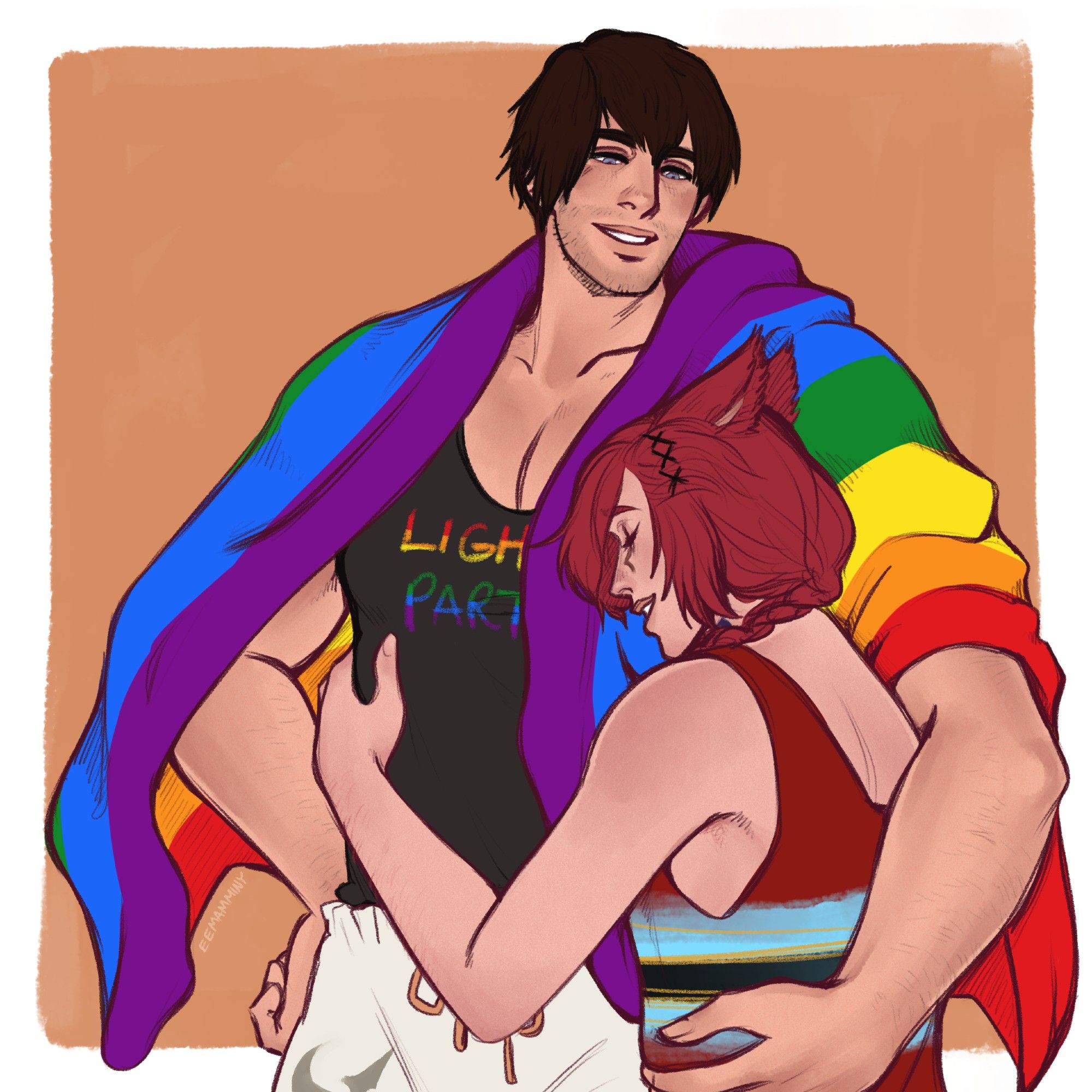 Digital artwork of the default warrior of light "Meteor Survivor" and G'raha Tia. They are embracing and wearing casual clothes. G'raha has both arms around Meteor's waist, his eyes closed as he smiles softly. He is wearing a tank top that sports a pattern reminiscent of the crystal exarch's color scheme. Meteor is wearing the moonfire trunks and a black tank top that reads "Light Party" in rainbow font. Meteor is holding G'raha by the waist with one hand and placing the other hand on his hip. He has a rainbow flag draped over his shoulders and is grinning down at G'raha.