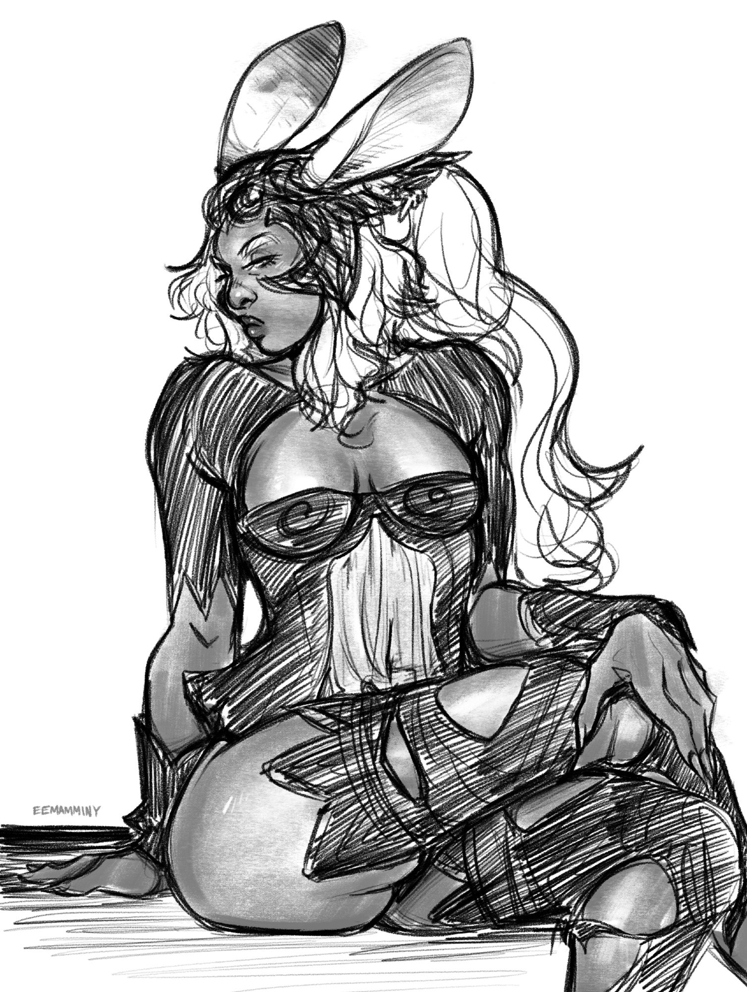 Digital sketch of Fran from FFXII. She is in her usual outfit, sitting with her legs crossed on top of a desk or table. She is resting one hand on the furniture beneath her and the other hand on her knee. She has her head turned aside and a scornful pout on her face, looking at the viewer with irritation in her half-lidded eyes.