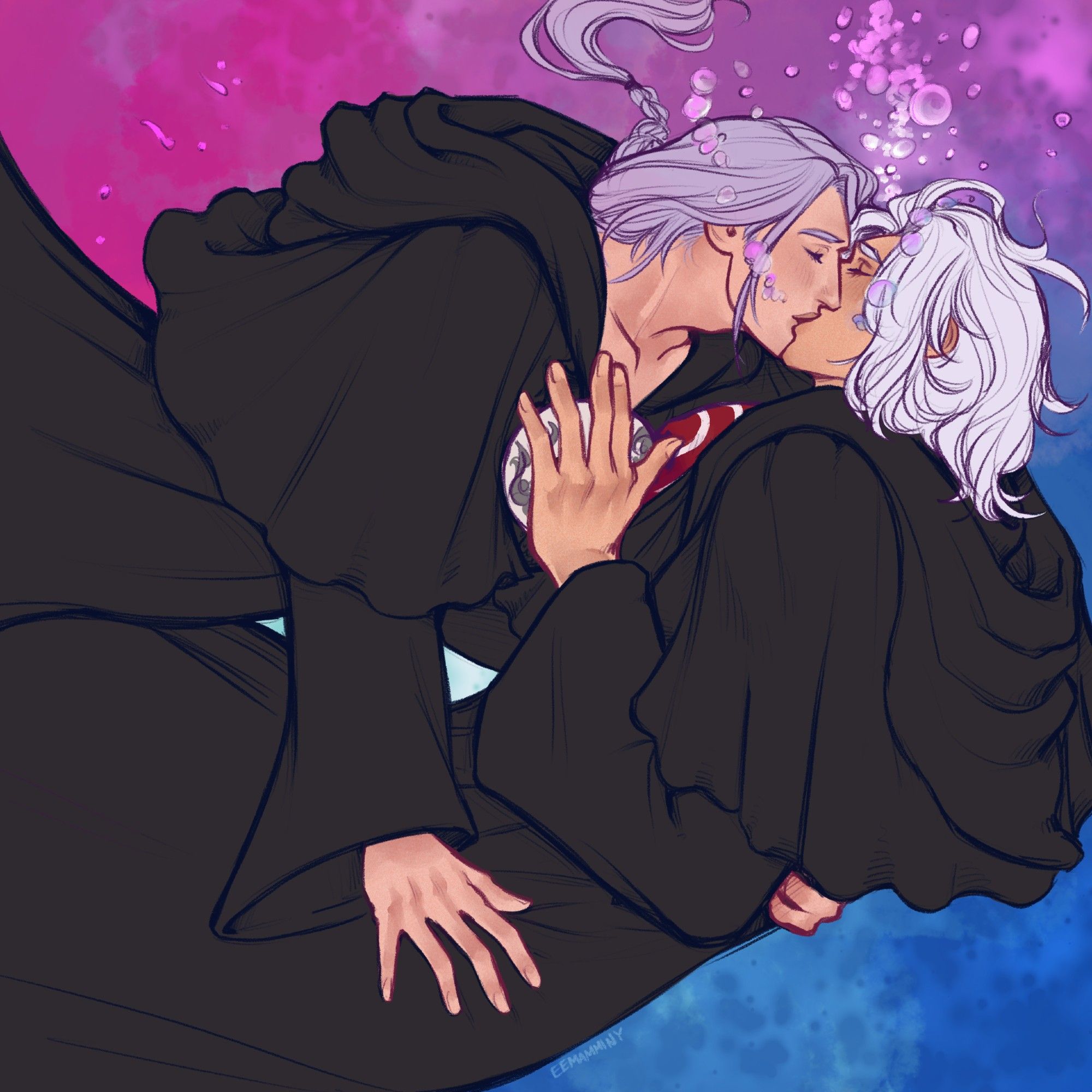 Digital artwork of Hythlodaeus and Emet-selch, floating in the ethereal sea while they kiss and embrace. They are in their usual robes with their masks off. The sea behind them is colored in pink, purple, and blue resembling the bisexual flag. There are air bubbles all around them as they kiss. Emet-selch is beneath Hythlodaeus, placing his hand against Hythlodaeus' mask on his chest. Hythlodaeus has one hand on Emet-selch's hip while the other one is wrapped around his back.