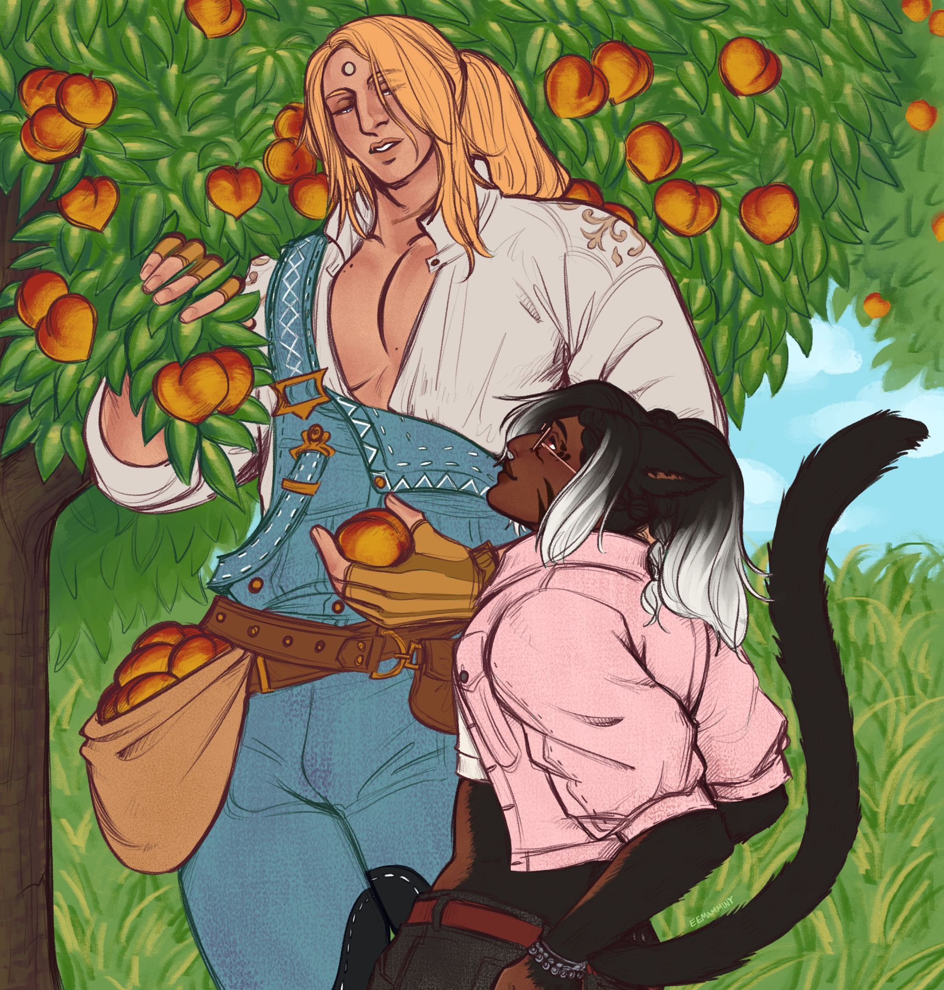 Digital artwork of Zenos and an original miqo'te character. They are standing in a grove of peach trees, and Zenos is pulling down a branch to pick peaches from it. He is wearing the fieldfiend's set botanist gear without the hat, with his hair tied back in a ponytail. There is a visible scar along his neck. He is looking down at the miqo'te expectantly. The miqo'te stands at about half of Zenos' height and has a warm dark complexion, pink eyes, and black fur that partially covers his arms and chest, and on his head the hair fades into white tips. He has rose gold round glasses and is wearing a pink denim jacket, white crop top, and black shorts. He has his hands on the back of his hips while he smiles up at Zenos.