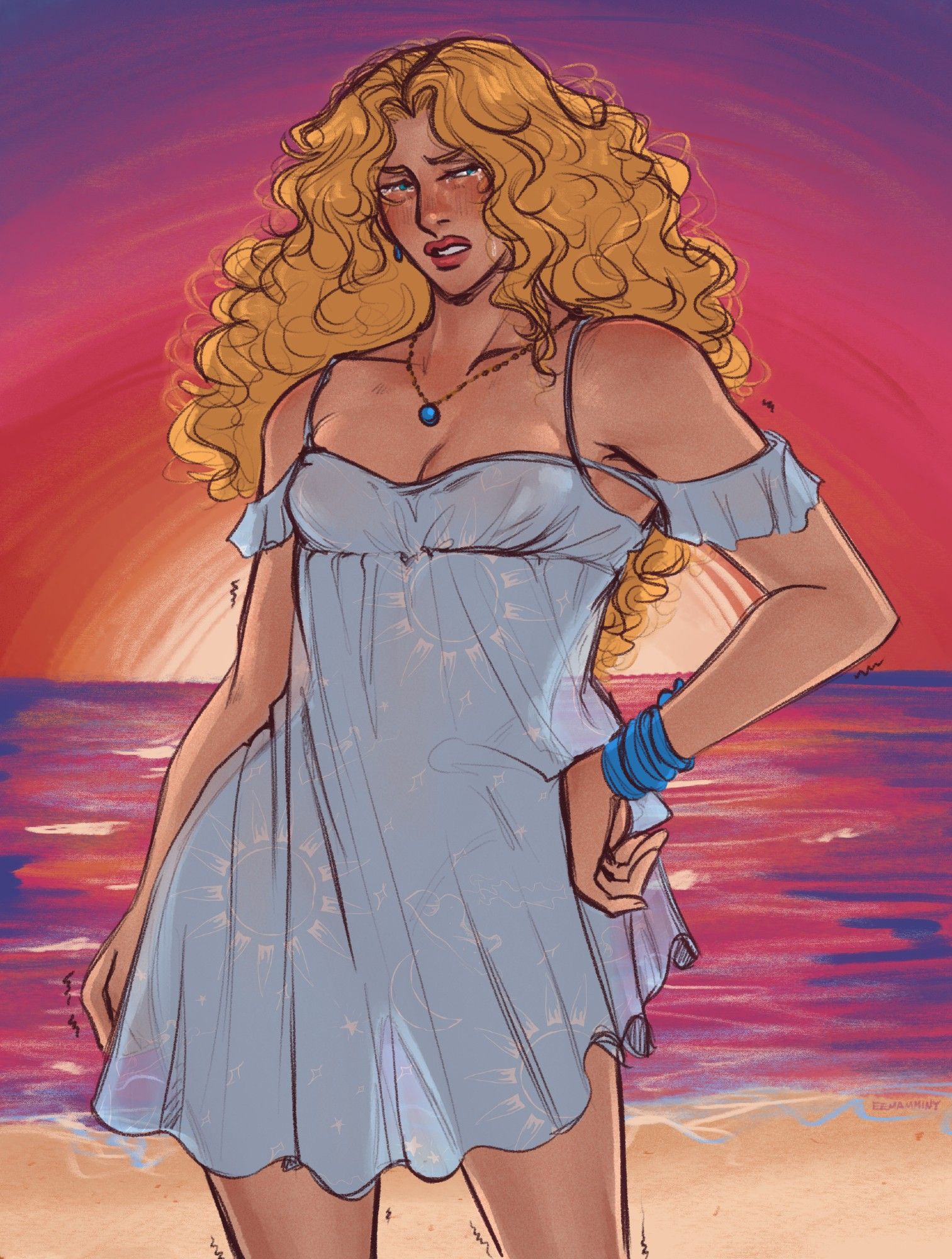 Digital artwork of Haley from Stardew Valley. She is standing on a beach at sunset with the sun at her back, the sky and sea cast in shades of pink, orange, yellow, and purple. She is wearing a light blue sun dress with a white print of the sun, moon, stars, and clouds on it. The light is coming through the dress making it somewhat see-through. She is looking scornfully at the viewer with tears in her eyes, her lip curling and eyebrows furrowed. She has one hand on her hip and the other at her side, a confident pose but she is trembling.