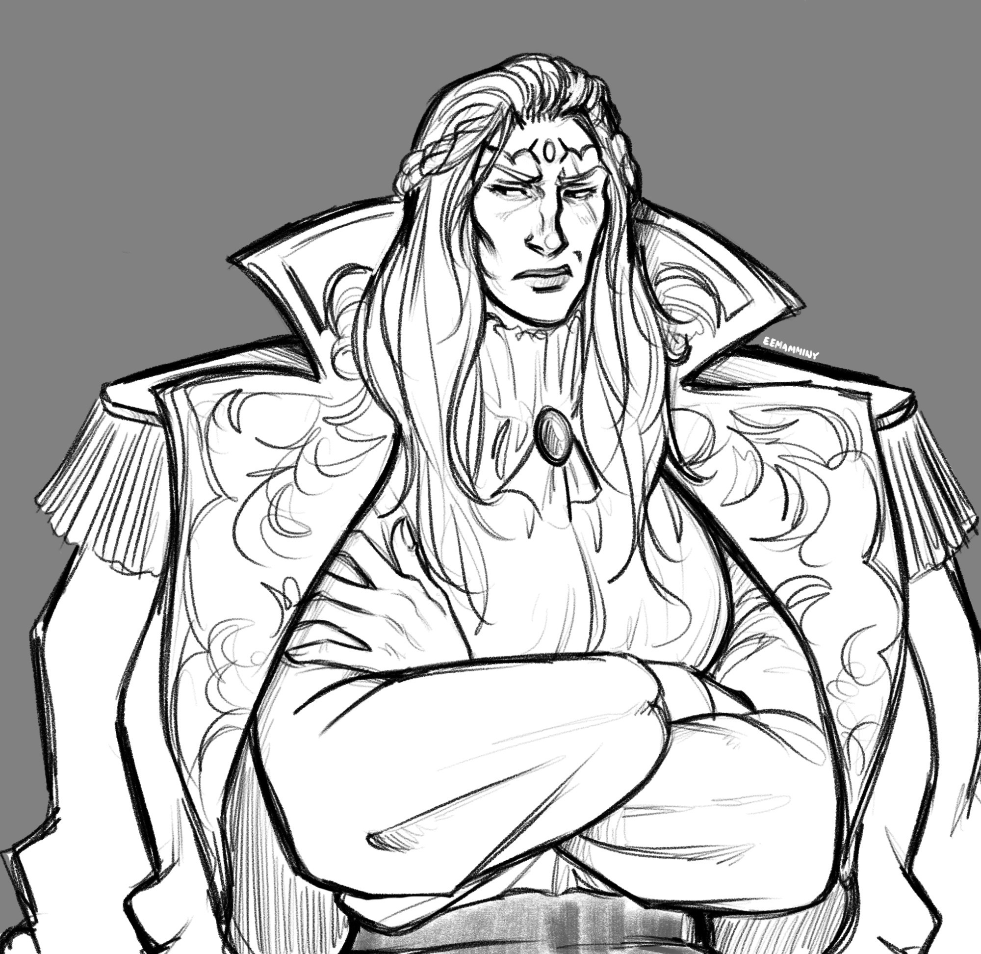 Digital sketch of Varis reimagined as a woman. She is wearing a silky blouse underneath of a large ornate coat, which is resting atop her shoulders. She is scowling at something off screen and crossing her arms.