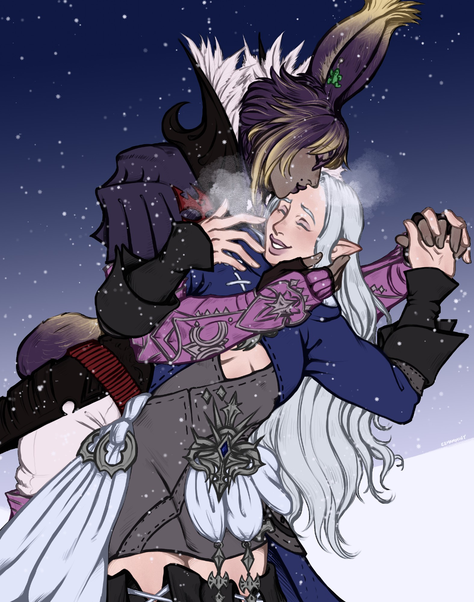 Digital artwork of Ysayle and a viera warrior of light. They are out in the snow together, the warrior of light is embracing Ysayle from behind and giving her a kiss on the cheek. She is cupping Ysayle's cheek with one hand, and lacing her fingers together with Ysayle's with her other hand. Ysayle's other hand is lifted up to her mouth as she grins and giggles. The warrior of light is taller than Ysayle by about a head, so she is leaning down to reach her for the kiss. She has a warm grey complexion and wears dark purple makeup and glasses. She has dark purple hair that is cropped short with a braid on one side, that fades into a pale yellow at the tips. Both women look happy and playful in their body language.