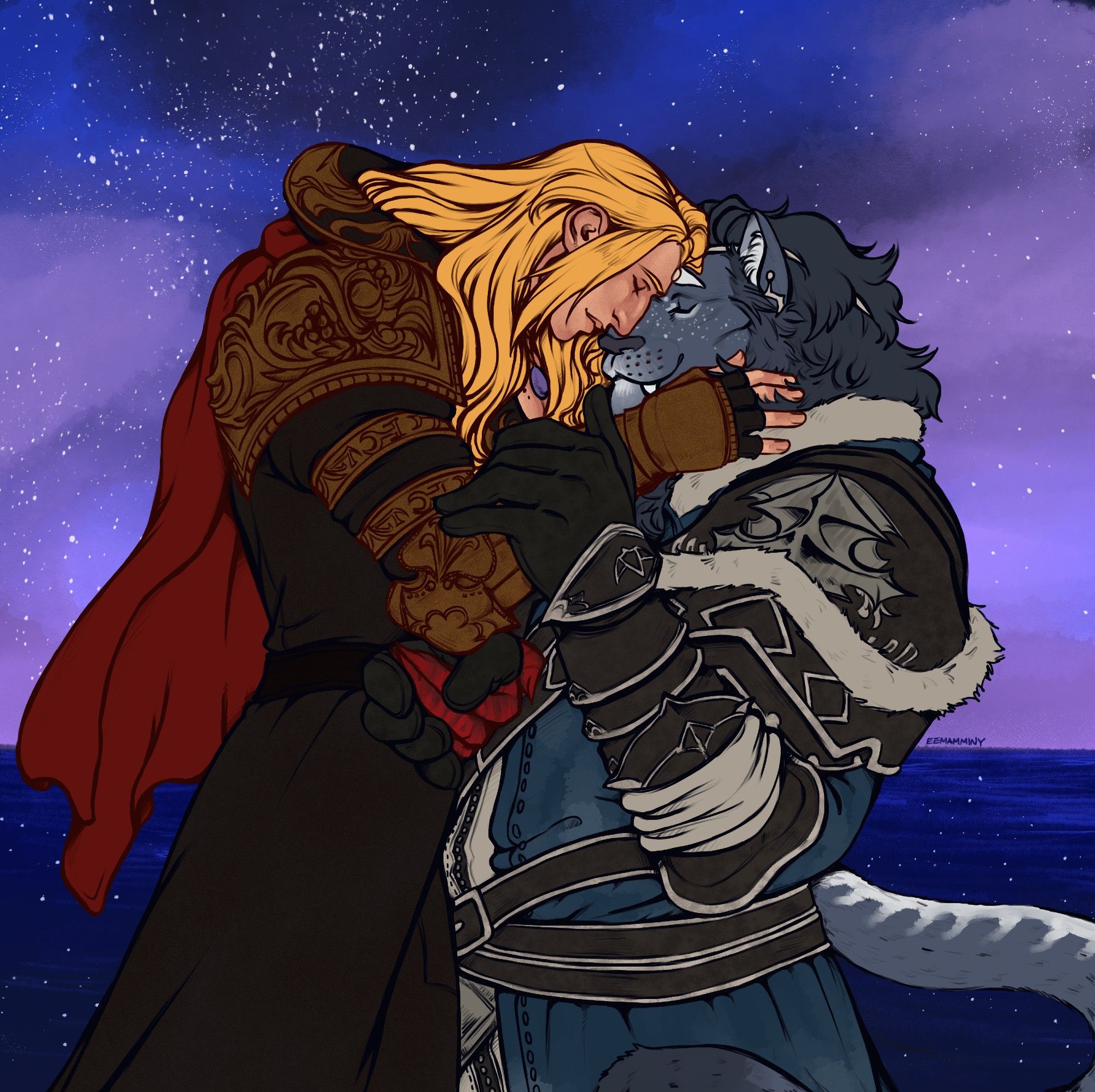 Digital artwork of Zenos and a hrothgar warrior of light. They are at the edge of the universe, embracing one another. Their foreheads are pressed together and their noses are locked against each other. Zenos' hand is in the warrior of light's mane while they both hold hands. The warrior of light has grey fur with patches of white under their eyes and around their muzzle, and small white freckles on their cheeks. They have a long, dark mane and are wearing an eyepatch over their right eye. Both characters are smiling with their eyes closed.